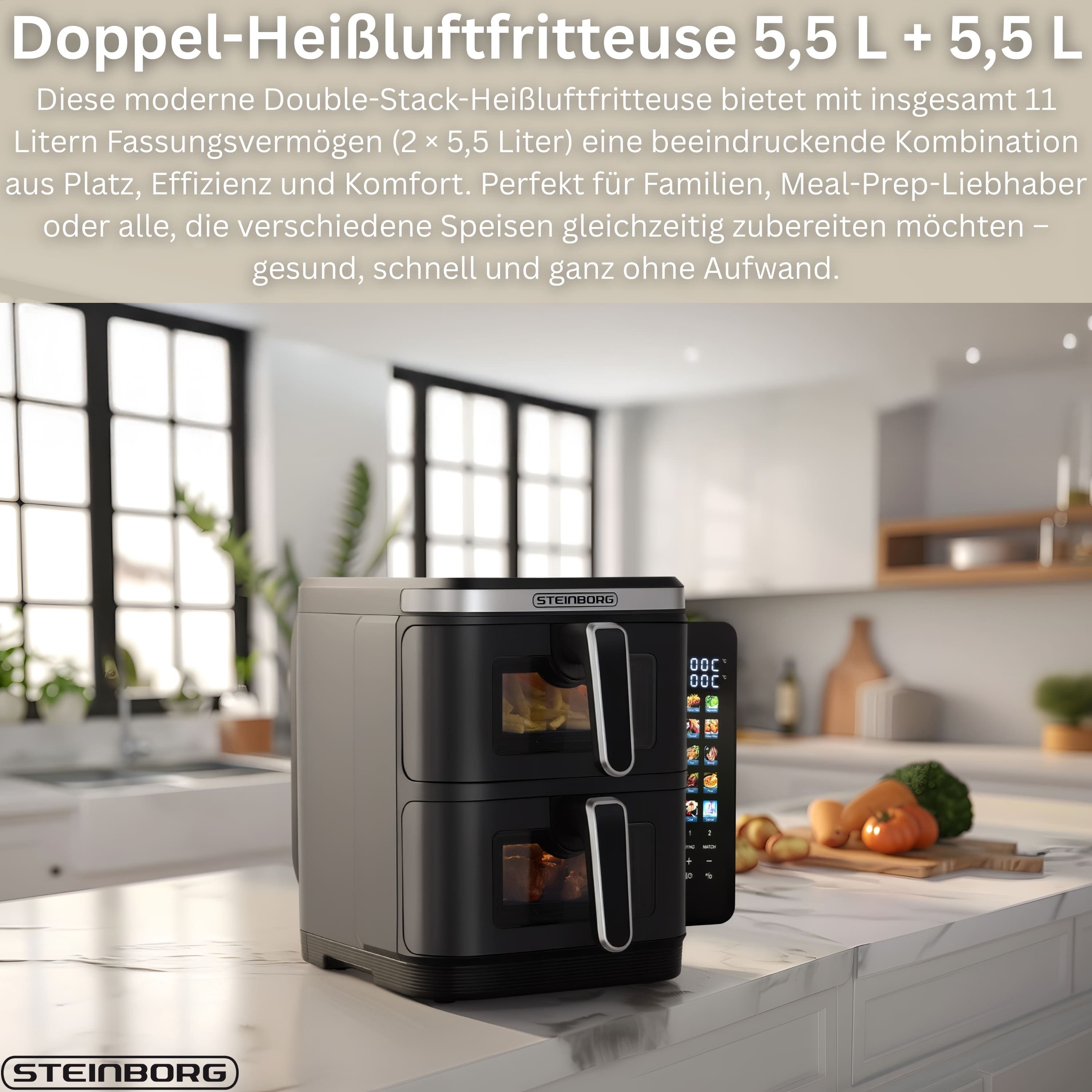 STEINBORG Heißluftfritteuse SB-3162, 2800 W, 8 One-Touch-Kochprogramme