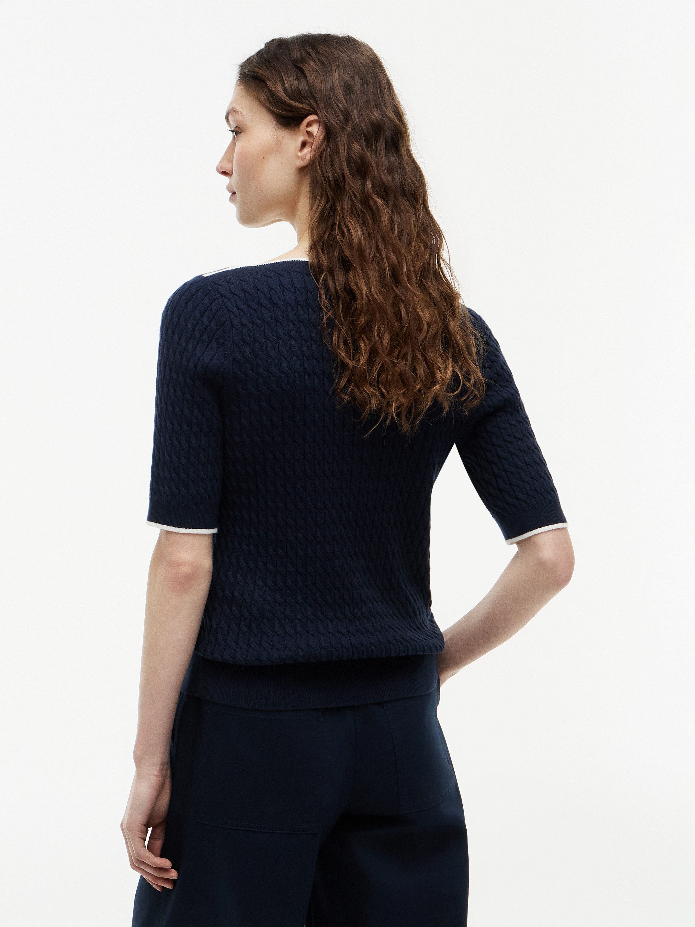 Tommy Hilfiger Kurzarmpullover FINE GG CABLE BOAT NK S/S Baumwolle, mit Zopfstrickmuster