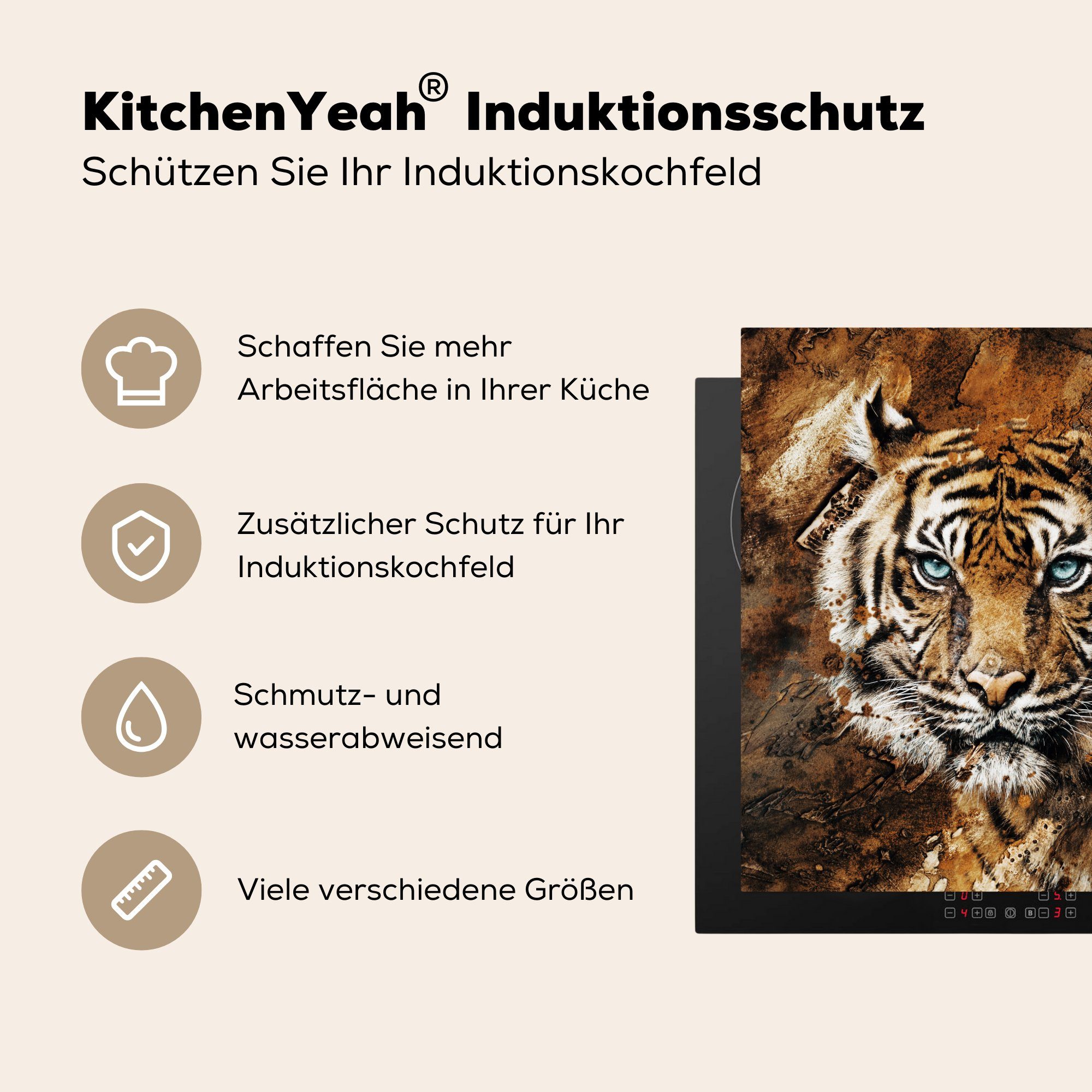 MuchoWow Herdblende-/Abdeckplatte Vinyl, Tiger (1 cm, Arbeitsplatte Ceranfeldabdeckung, tlg), küche - Braun, 78x78 Malerei für 