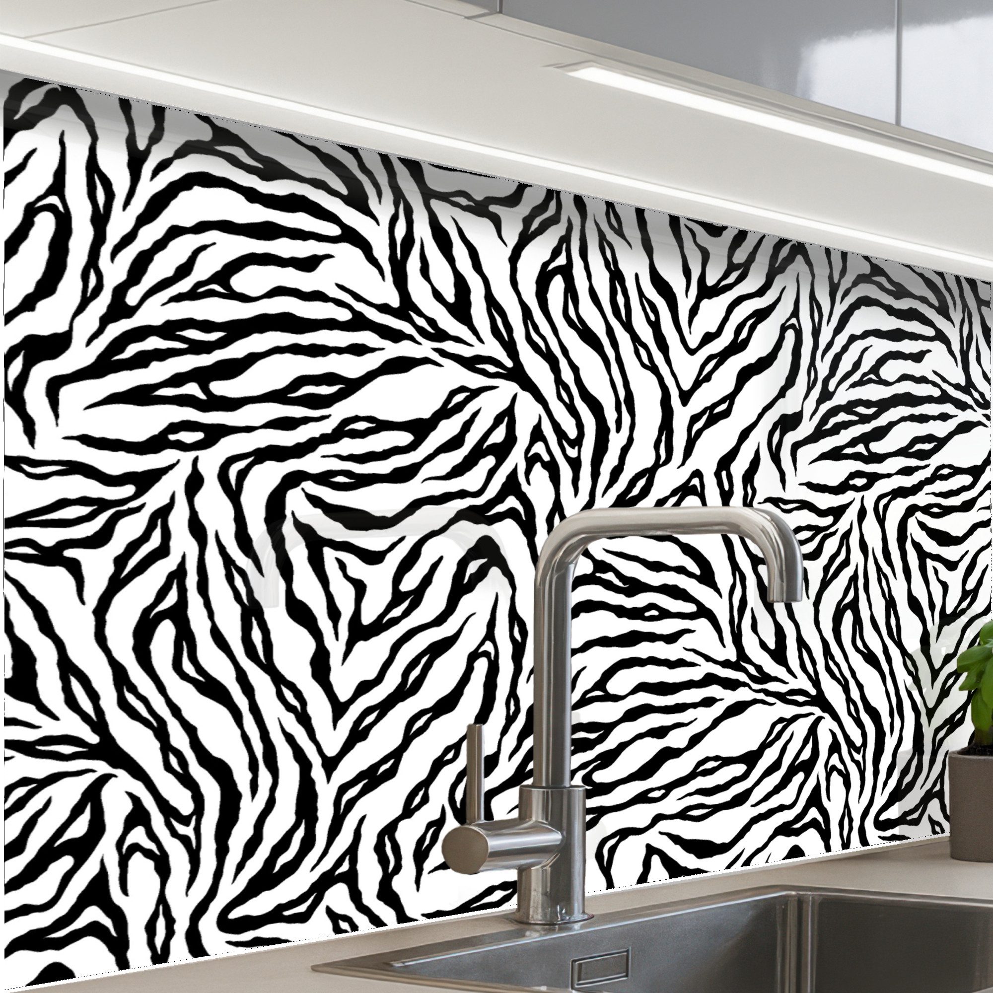 KitchenYeah Küchenrückwand Muster selbstklebend (keine Folie) Tigerdruck - Schwarz - Weiß - Tiere, (1-tlg), Spritzschutz, Küche, Rückwand, Küchenwand, Küchenfront, 30x20 cm