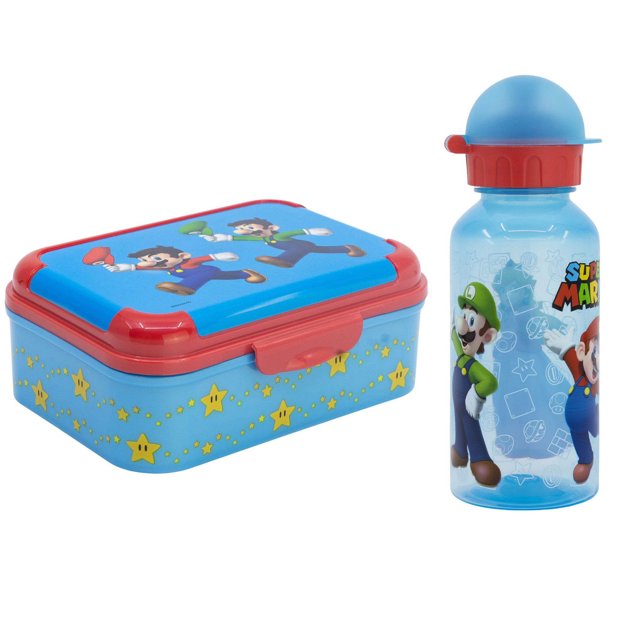 Super Mario Lunchbox Super Mario Luigi Kinder 2 teiliges Set Brotdose Trinkflasche 370 ml, (2-tlg., Spar-Set)