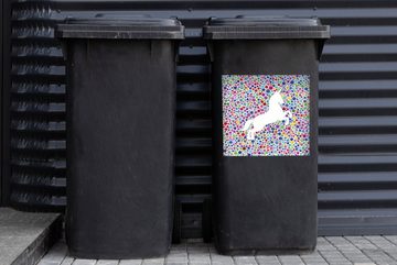 MuchoWow Wandsticker Eine Illustration eines weißen Einhorns auf einem bunten Hintergrund - (1 St), Mülleimer-aufkleber, Mülltonne, Sticker, Container, Abfalbehälter