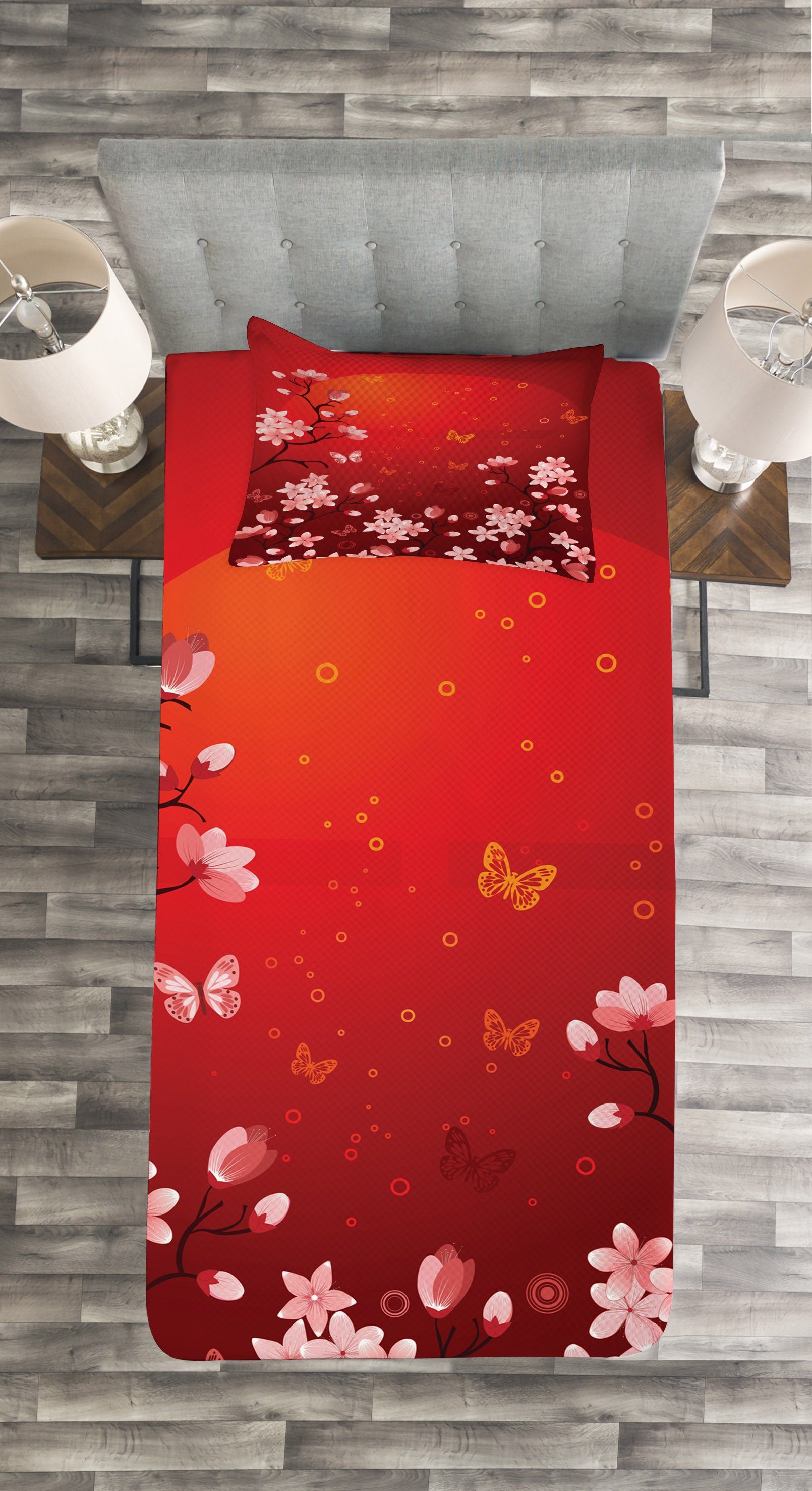 Abstrakter rot mit Waschbar, Set Kissenbezügen Sonnenuntergang Abakuhaus, Sakura und Tagesdecke