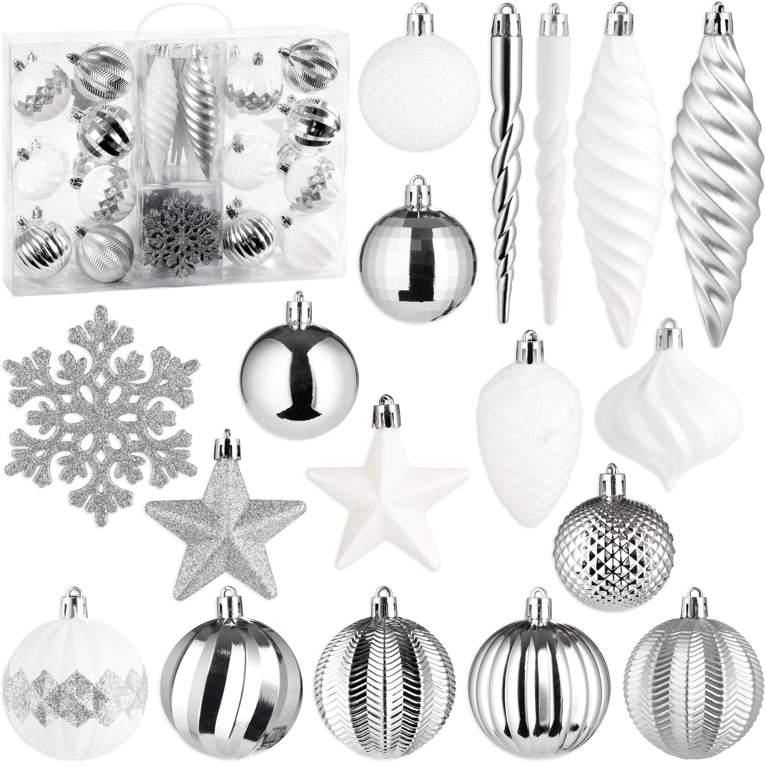 BRUBAKER Weihnachtsbaumkugel 50 -tlg. Premium Christbaumschmuck - Weihnachtskugel Set (50 St), Glitzer Kugeln, Schneeflocken, Eiszapfen und Tannenzapfen Baumschmuck