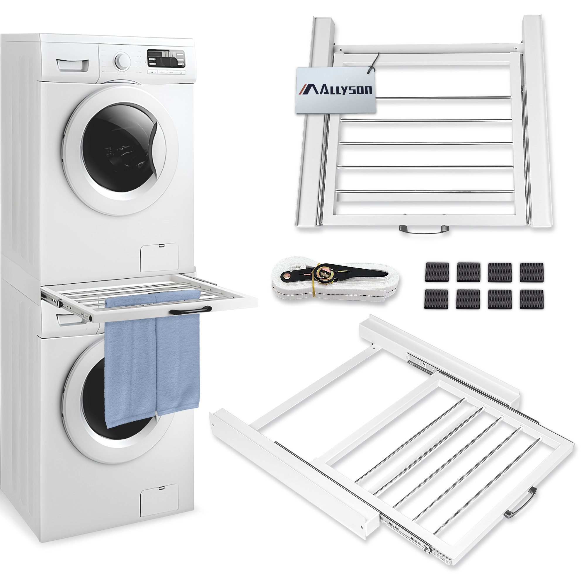 Allyson Zwischenbaurahmen Universal Zwischenbausatz für Waschmaschine & Trockner aus Metall (Montage-Set, Rahmen mit Auszug, Ratschen-Spanngurt, 8x Anti-Rutsch-Pads, Anleitung), Rahmen mit Auszug-Ablage, 100kg Last, 10kg Fachlast, inkl. Gurt.