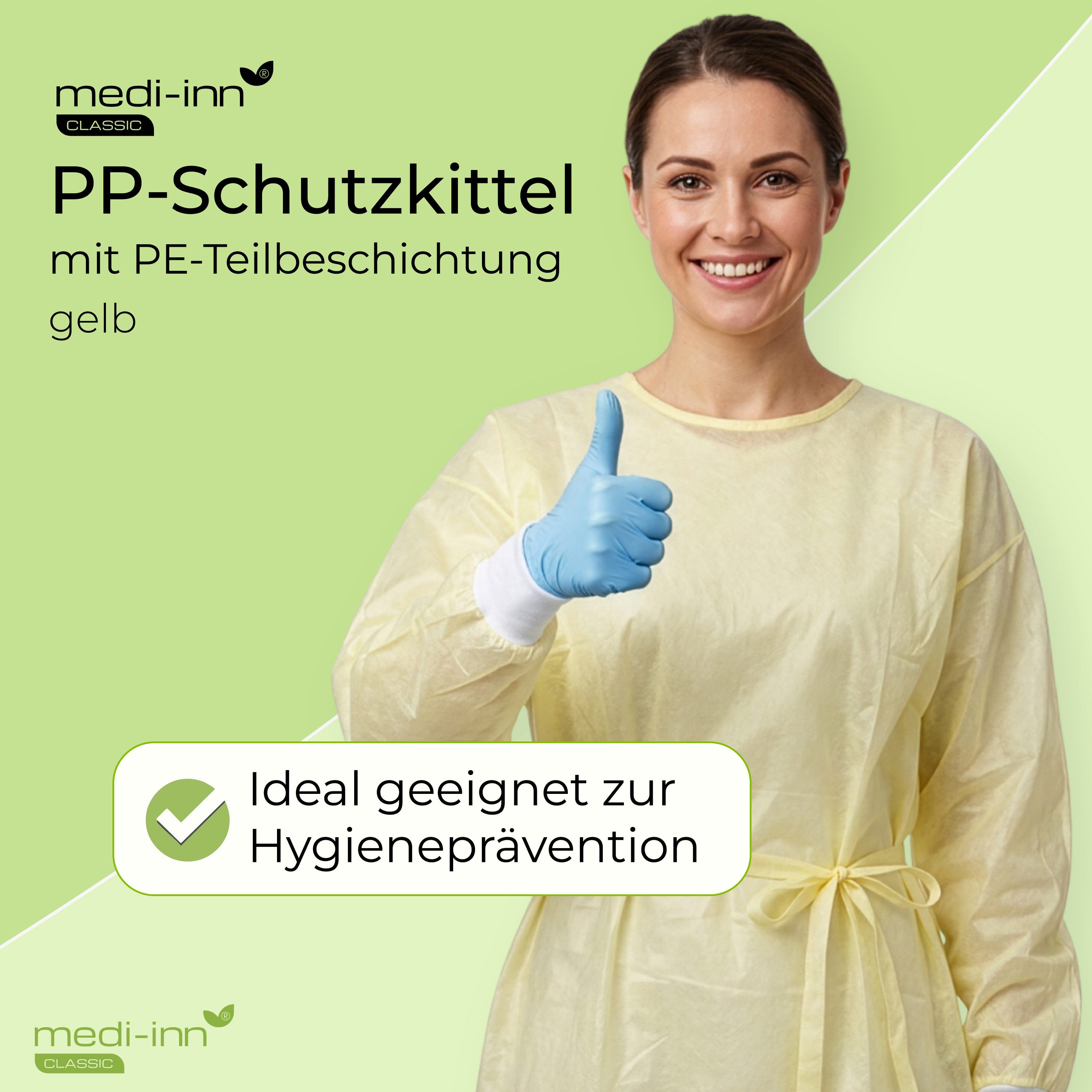 Medi-Inn CLASSIC Kittelschürze PP-Schutzkittel, PE-teilbeschichtet, gelb, Gr. L 139 x 139 cm, (10-tlg) – Bild 2 von 5