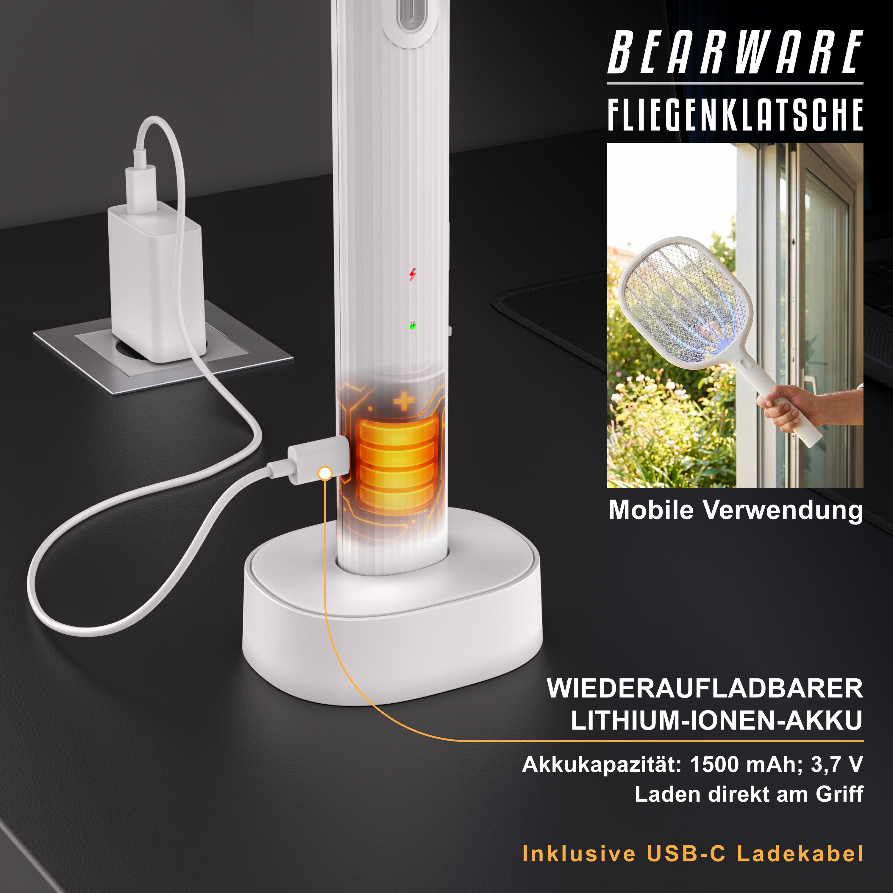 BEARWARE Fliegenklatsche elektrisch, Insektenklatsche mit UV-Falle, Insektenvernichter, USB-C, 2700 V Hochspannungsgitter und Status-LED, AUTO-Modus