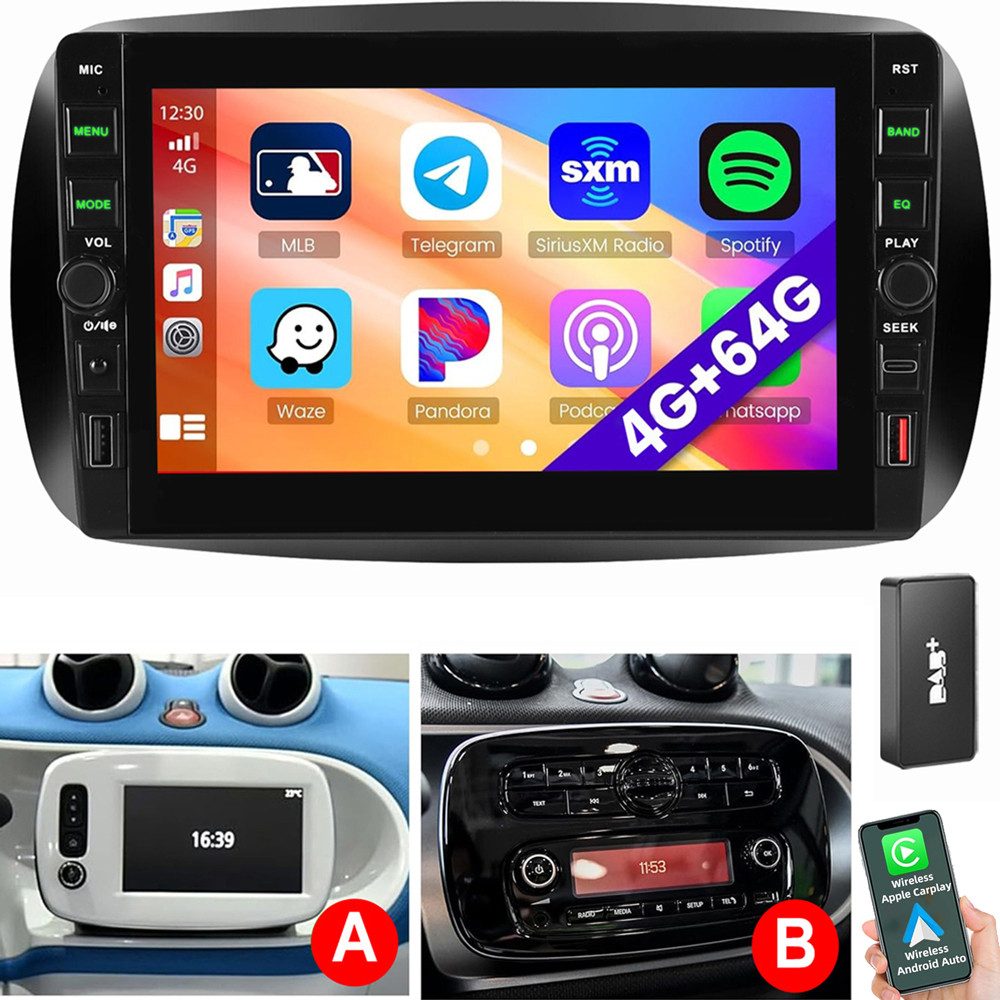 ESSGOO Für Smart Forfour Fortwo 453 2014-2022 Autoradio Carplay Autoradio (RDS, Digitalradio (DAB), FM, AM, Apple Carplay Android Auto GPS Navi WIFI BT)