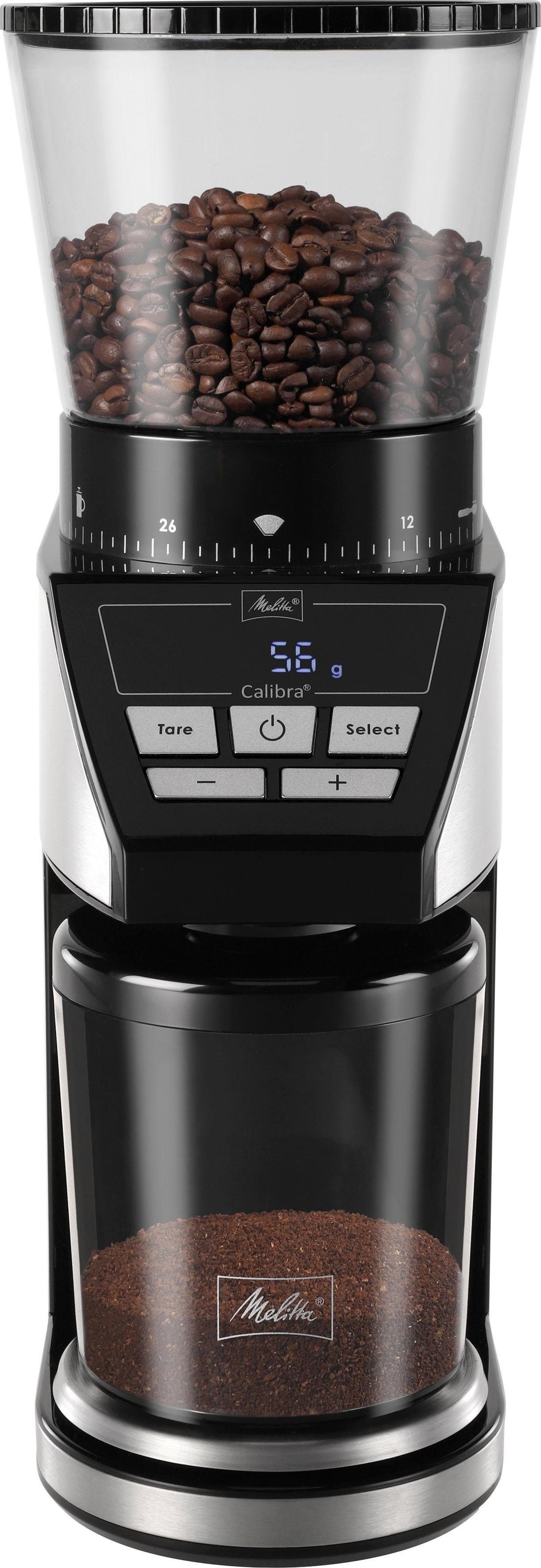 Melitta Kaffeemühle Calibra 1027-01 schwarz-Edelstahl, 160 W, Kegelmahlwerk, 375 g Bohnenbehälter schwarz|silberfarben