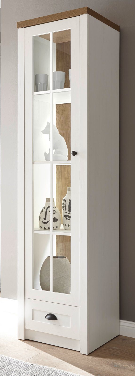 IMV Stauraumvitrine Seyne (Vitrinenschrank in Pinie weiß und Eiche, 50 x 198 cm) Moderner Landhausstil, Türanschlag wechselbar | Vitrinenschränke