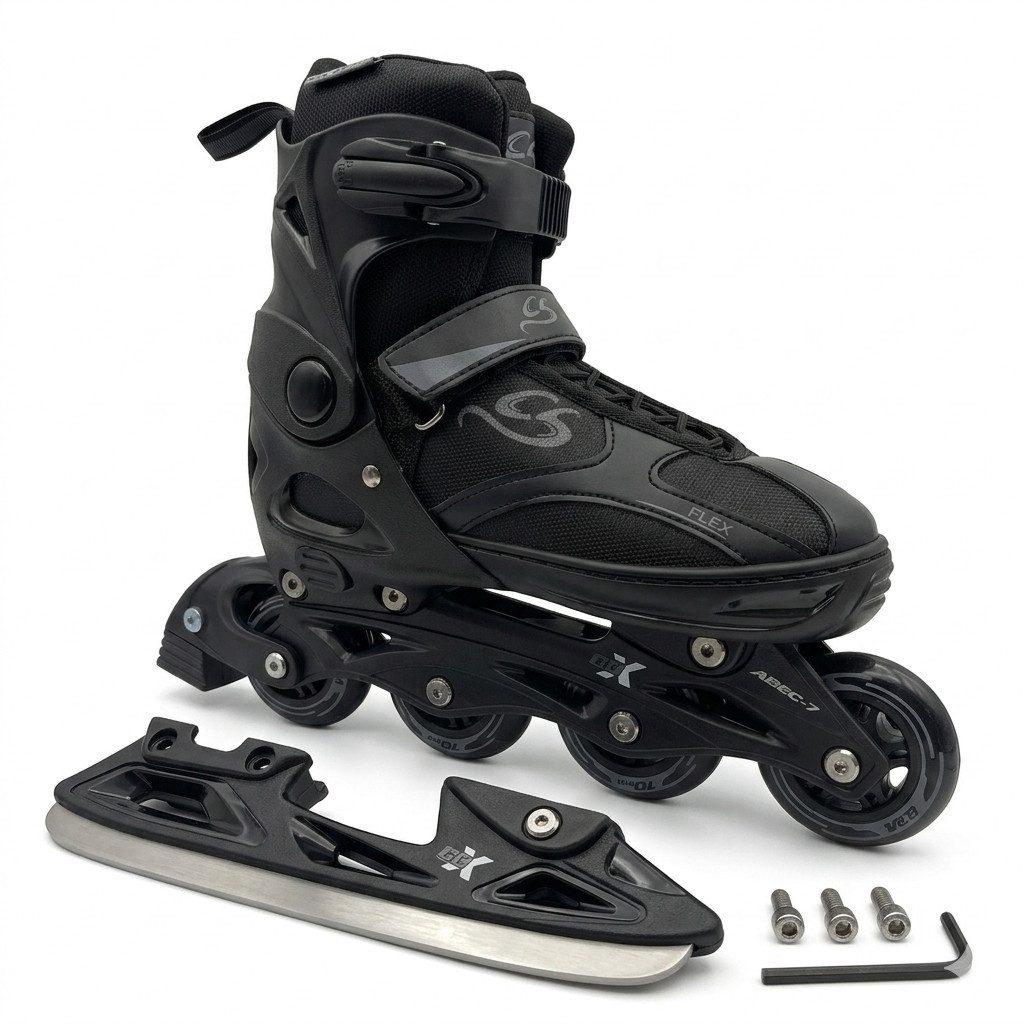 Cox Swain Inlineskates Cox Swain Black Ice 2in1 Inliner & Schlittschuhe L 40-43, (1-St), Mitwachsende Kombi-Skates mit PU-Rollen, ABEC 7 & Edelstahlkufen