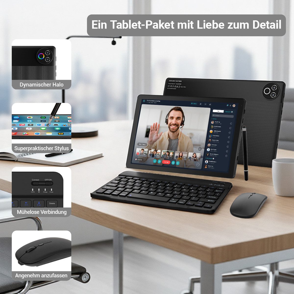 Happybe 10’’ HD Android 15, 20(3+17)GB RAM, 64GB, WiFi6 mit Tastatur und Stift Tablet (10", 64 GB, Android, WiFi6, Großbs Display Tablet mit Stift, Tastatur und Maus, Widevine L1)