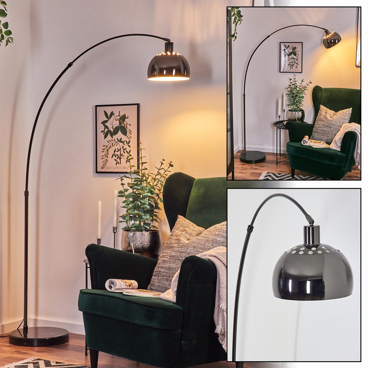 Bogenlampe Stehlampe aus Metall mit Marmorfuß in Schwarz/Chromfarben/Weiß