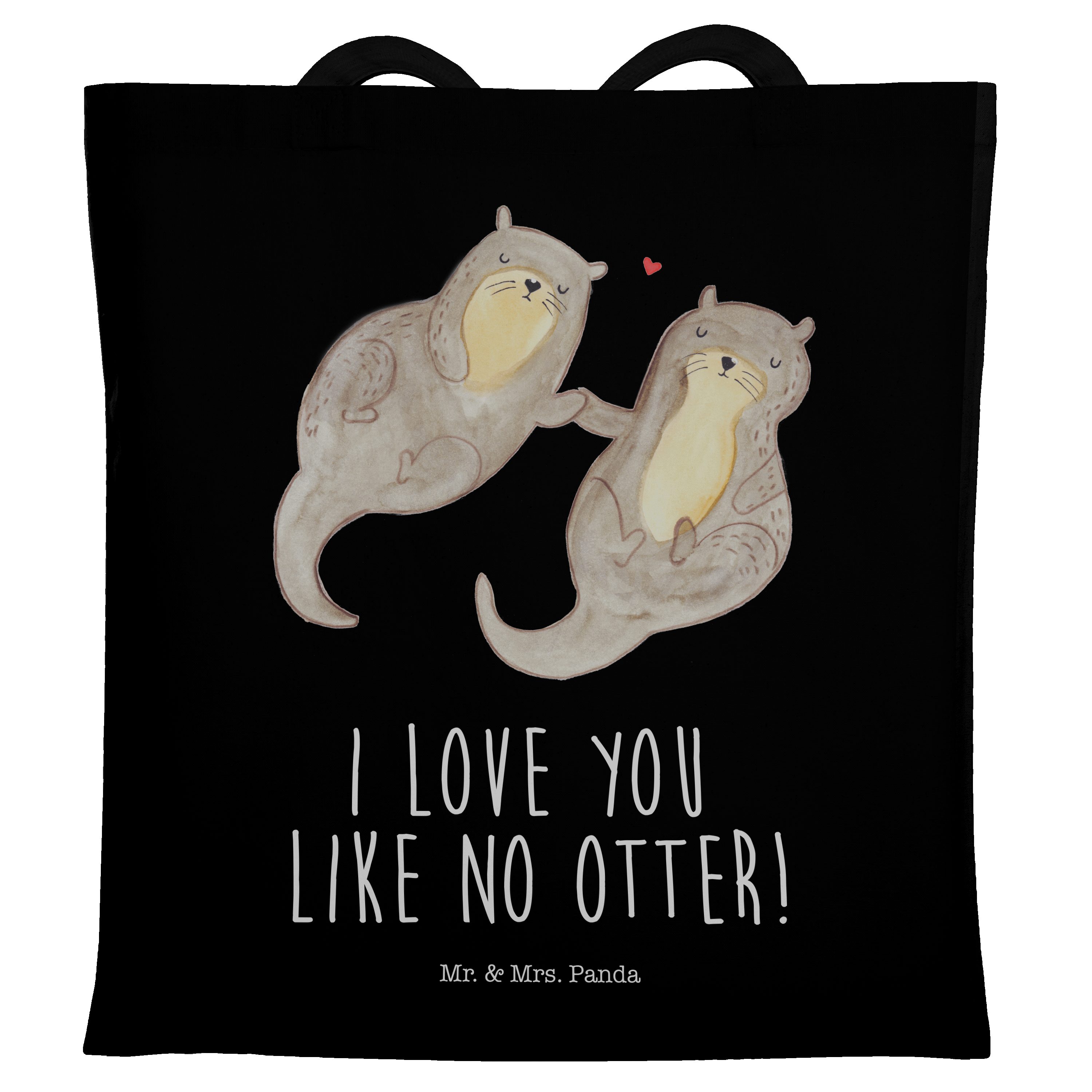 Mr. & Mrs. Panda Tragetasche Otter händchenhaltend - Schwarz - Geschenk, Liebe, Seeotter, Beutel, (1-tlg)