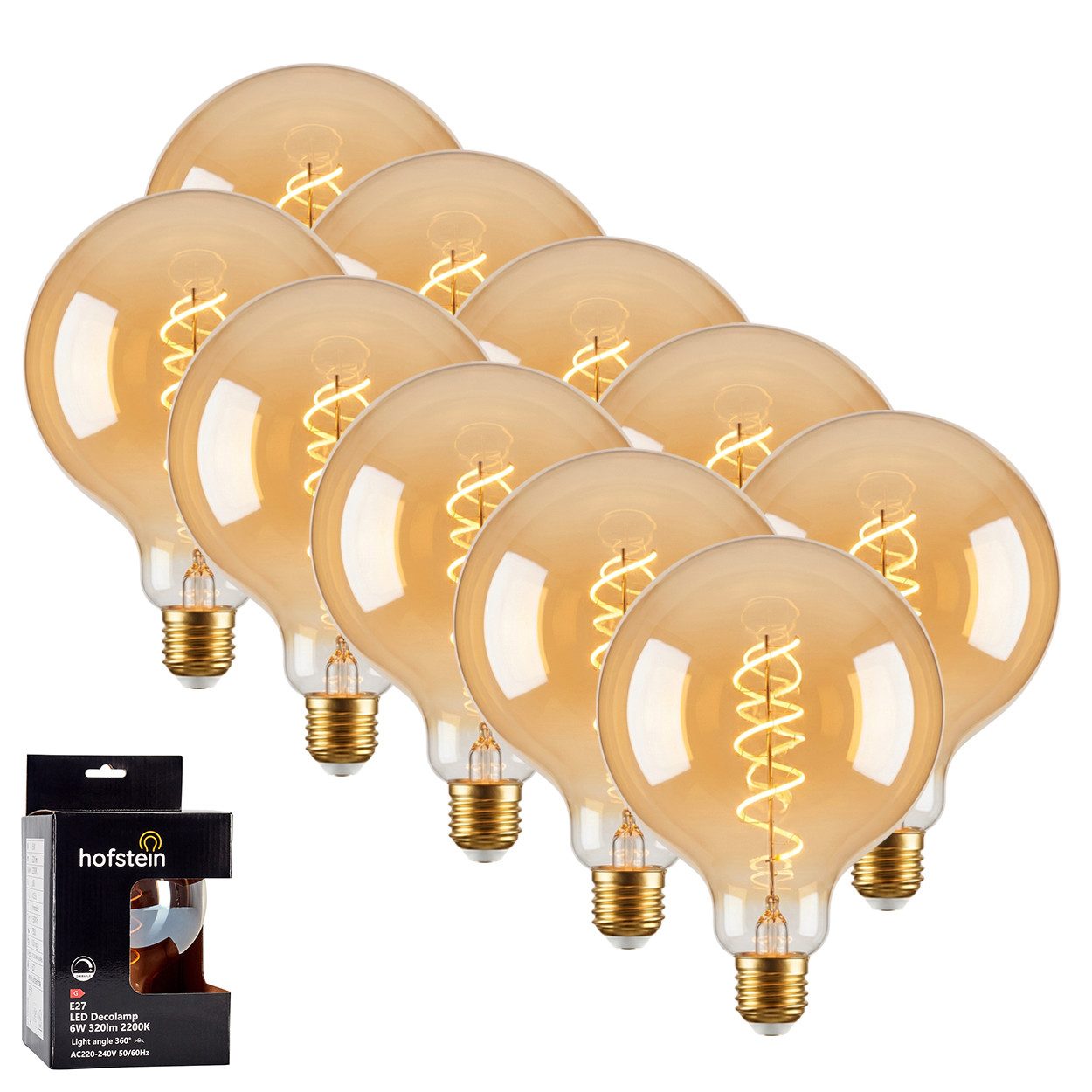 hofstein LED-Leuchtmittel 10er Set Glühbirne Extra Warmweiß dimmbar 6 Watt, E27, 2200 Kelvin, 320 Lumen, Globe Vintage, Filament Spirale, Amber