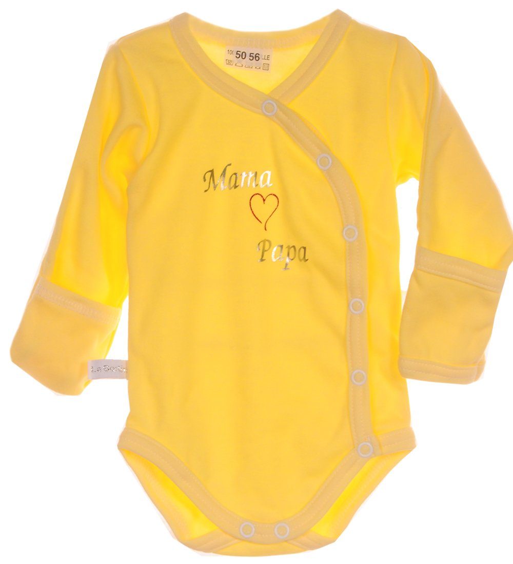 La Bortini Wickelbody Body Wickelbody mit Kratzschutz Baby Langarmobody in Gelb aus reiner Buamwolle, 44 50 56 62 68 74 80 86 92 98 104