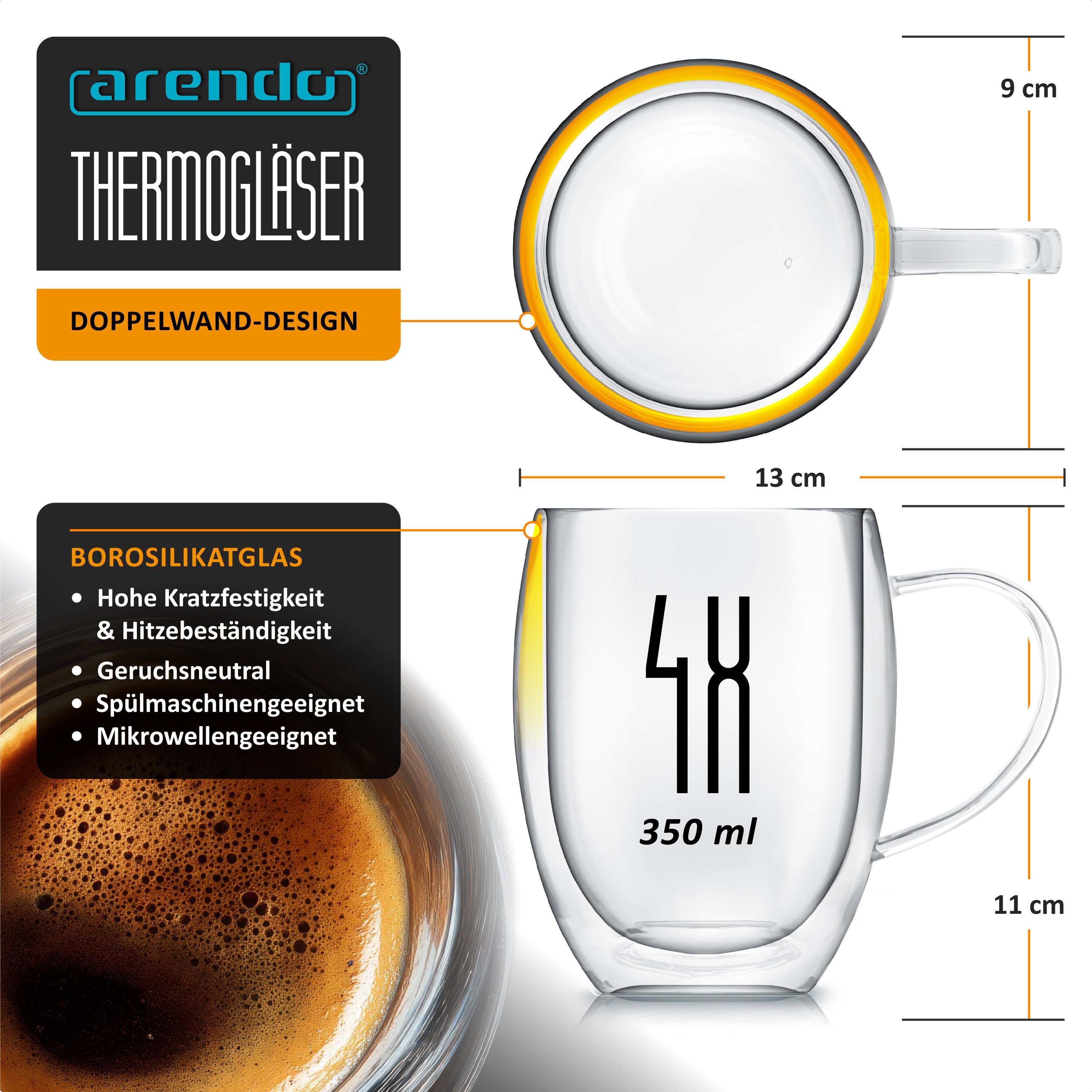 Arendo Gläser-Set doppelwandige Thermogläser mit Henkel, 350 ml Kaffeetasse, Trinkglas, 4-tlg., Glas, für Latte Macchiato, Cappuccino, Tee, hitzebeständig spülmaschinenfest