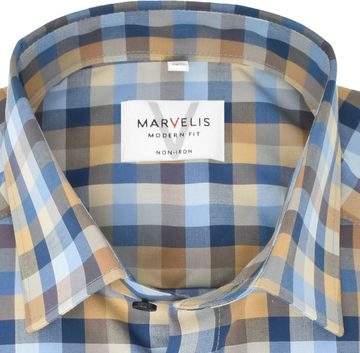 MARVELIS Businesshemd Businesshemd - Modern Fit - Langarm - Kariert - Braun/Blau