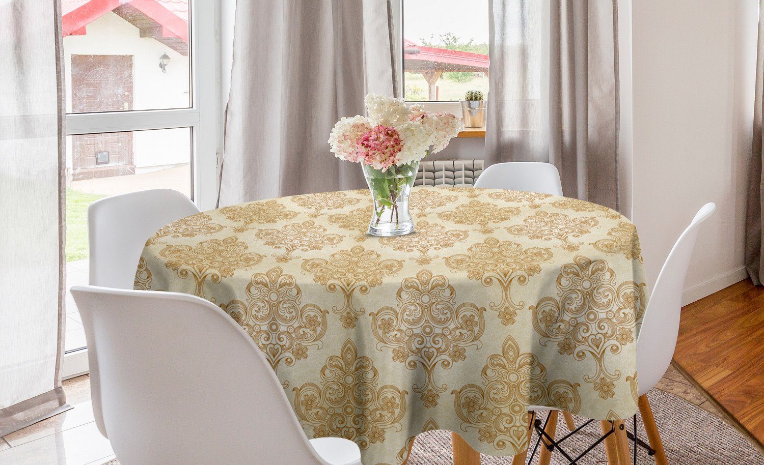 Abakuhaus Tischdecke Kreis Tischdecke Abdeckung für Esszimmer Küche Dekoration, Jahrgang Barock Curved Blumen