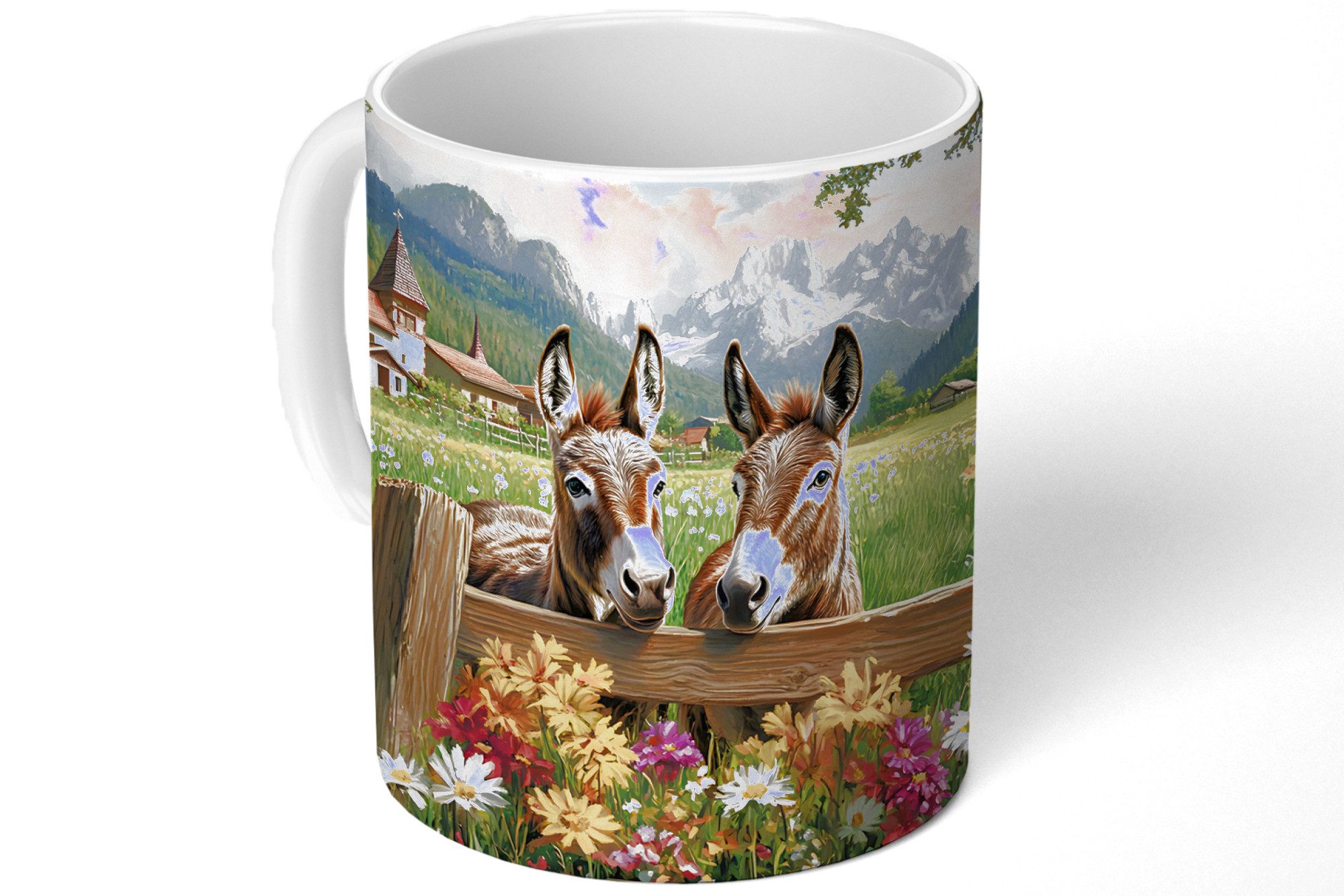 MuchoWow Tasse Esel - Blumen - Sommer, 1-tlg., Keramik, Kaffeetassen, Teetasse, Becher, Kaffeebecher, Geschenk