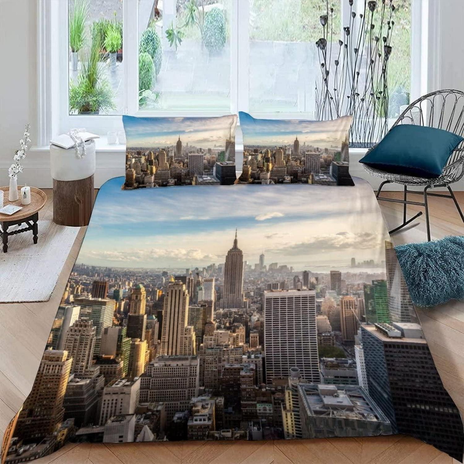 LuxusKollektion Kinderbettwäsche Bettwäsche 135x200 3D Skyline New York 2 Kissen 80x80