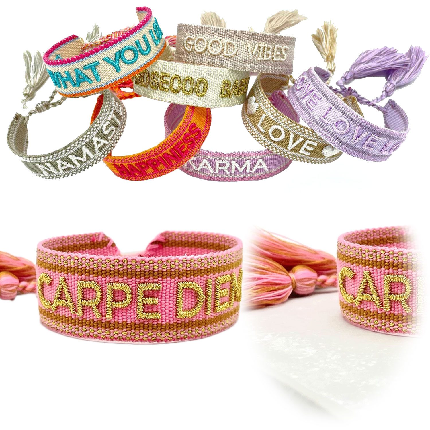 LS-LebenStil Armband Canvas Statement Armband Carpe Diem Rose Gold Quasten bestickt (Baumwollarmband Webarmband Armbandliebe Freundschaftsarmband Freundschaftsband Partnerarmband, 1-tlg., textil geflochten gewebt - hochwertiger gestickter Spruch), perfekt