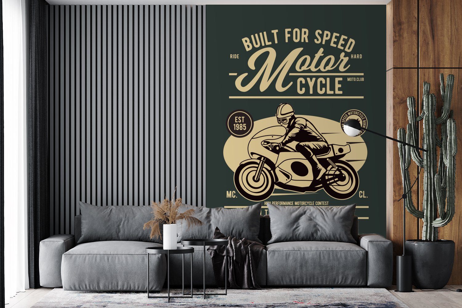 - Montagefertig Tapete Wandtapete MuchoWow Vintage, Matt, Mancave Rennen für Motorrad bedruckt, - - Wohnzimmer, (3 St), Vinyl Fototapete