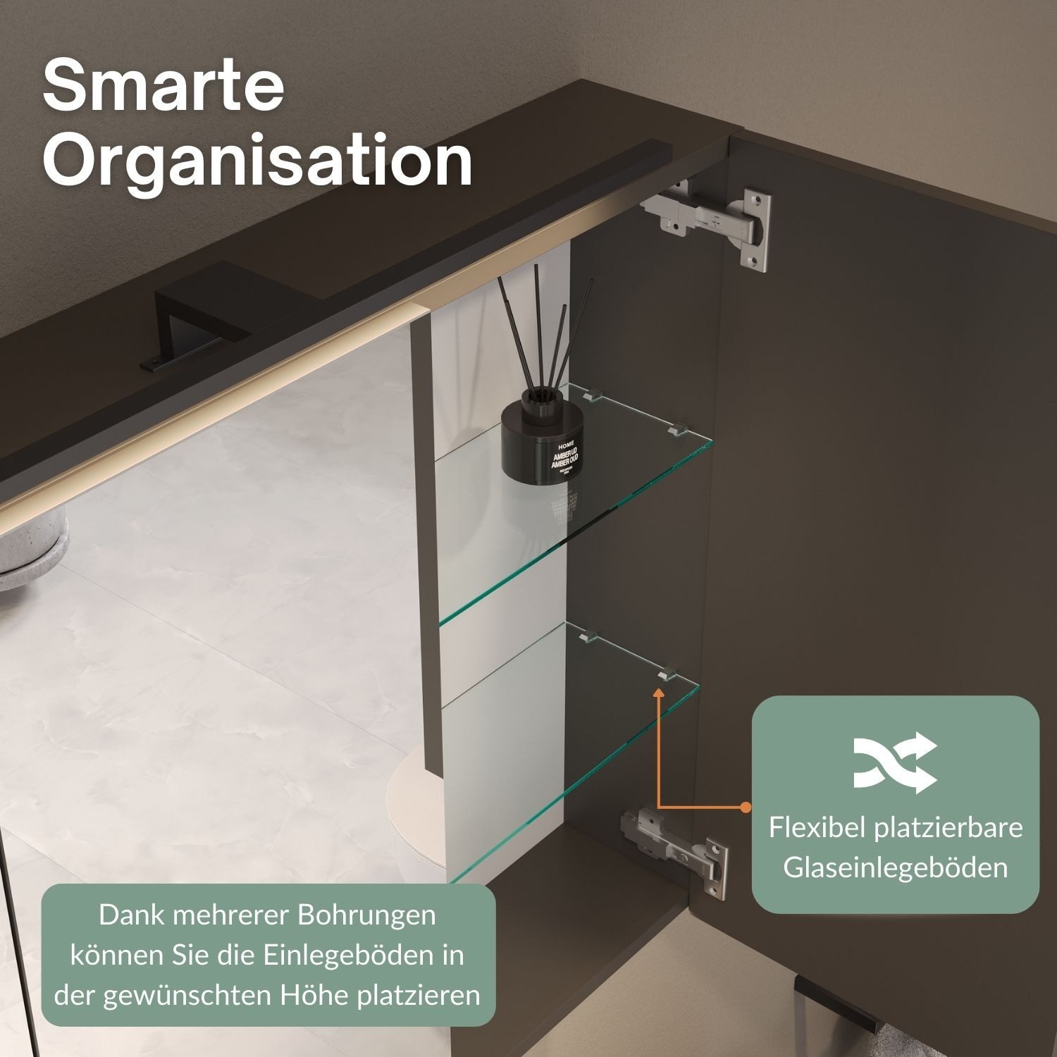 Planetmöbel Spiegelschrank ARIA Badschrank 80 cm mit Beleuchtung & Steckdose, Glaseinlegeböden (Spiegelschrank Bad mit Beleuchtung 80 x 70 x 16 cm, 3-St., Badsp – Bild 4 von 5