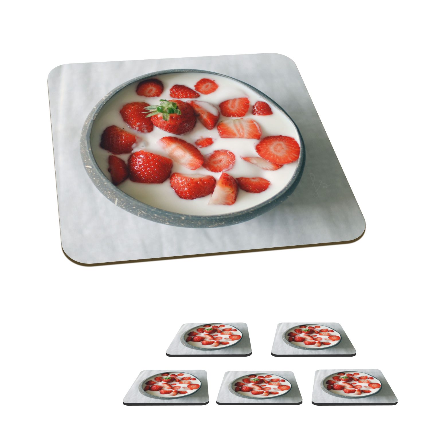 MuchoWow Glasuntersetzer Erdbeere - Schale - Tisch, Zubehör für Gläser, 6-tlg., Glasuntersetzer, Tischuntersetzer, Korkuntersetzer, Untersetzer, Tasse