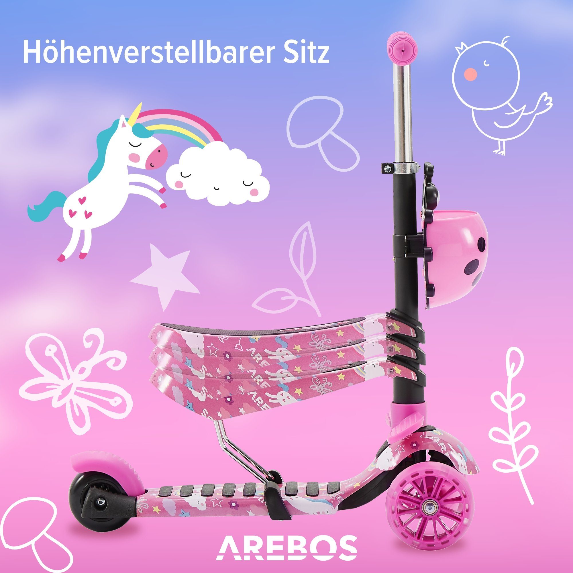 Arebos Scooter Kinder Cityroller, Tretroller, LED-Räder Pink