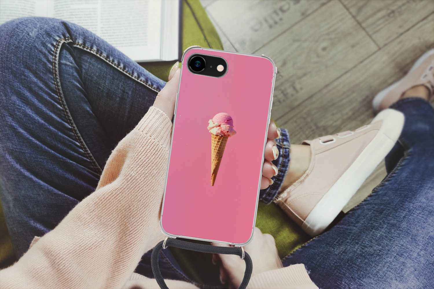 MuchoWow Handyhülle für Apple iPhone 8 Horn - Schaufel Eiscreme - Rosa, Tragbare Handyhüllen mit Kette zum umhängen, Handykette Handyband