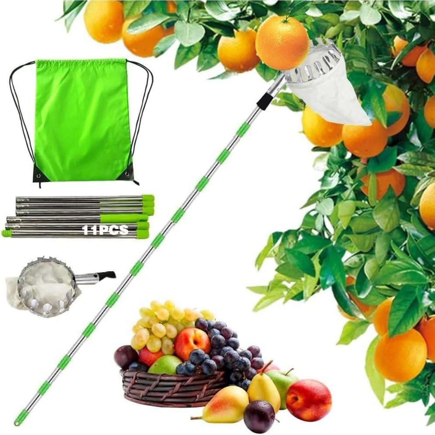 LuxusKollektion Obstpflücker Obstpflücker Teleskopstiel 425cm Apfel Kirschen Edelstahl Weiß 11
