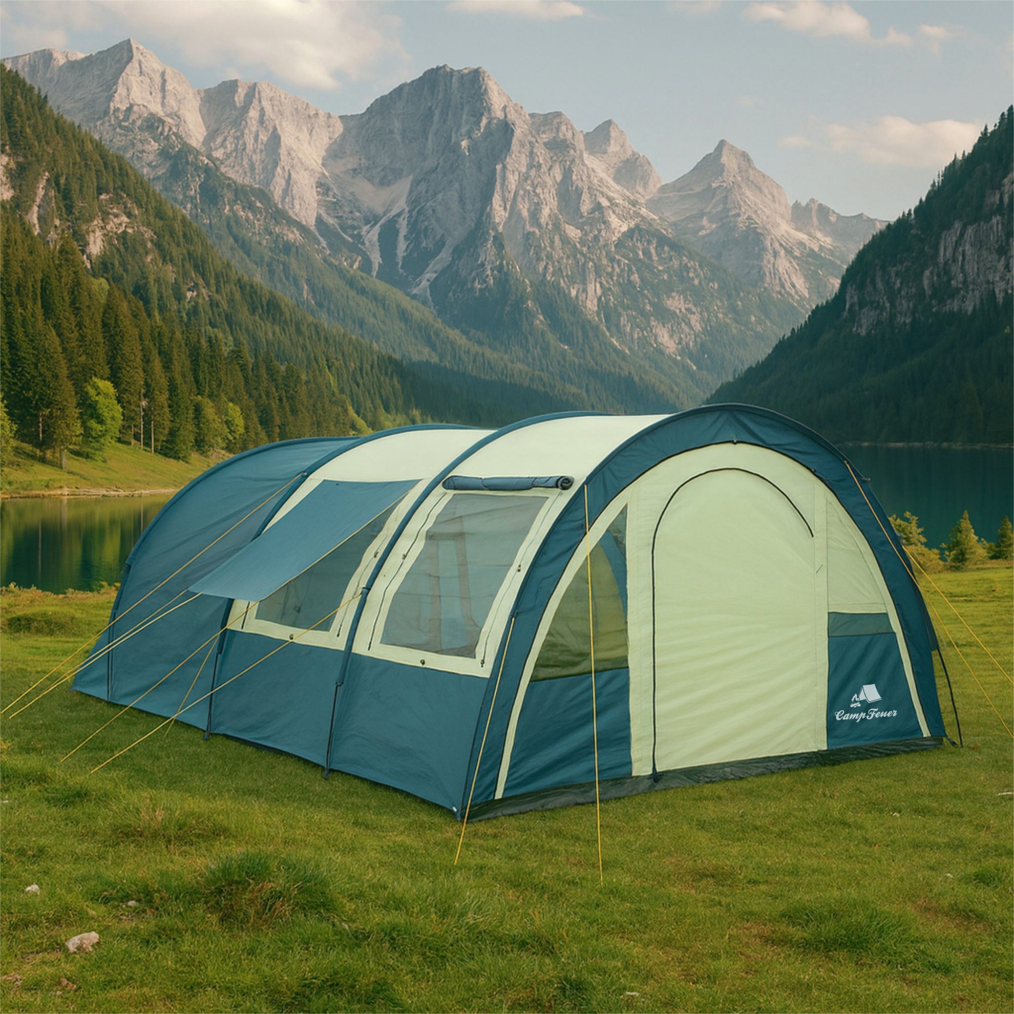 CampFeuer Tunnelzelt Zelt Multi für 4 Personen, Blau / Sand, Tunnelzelt mit Vorraum, 5000 m, Personen: 4
