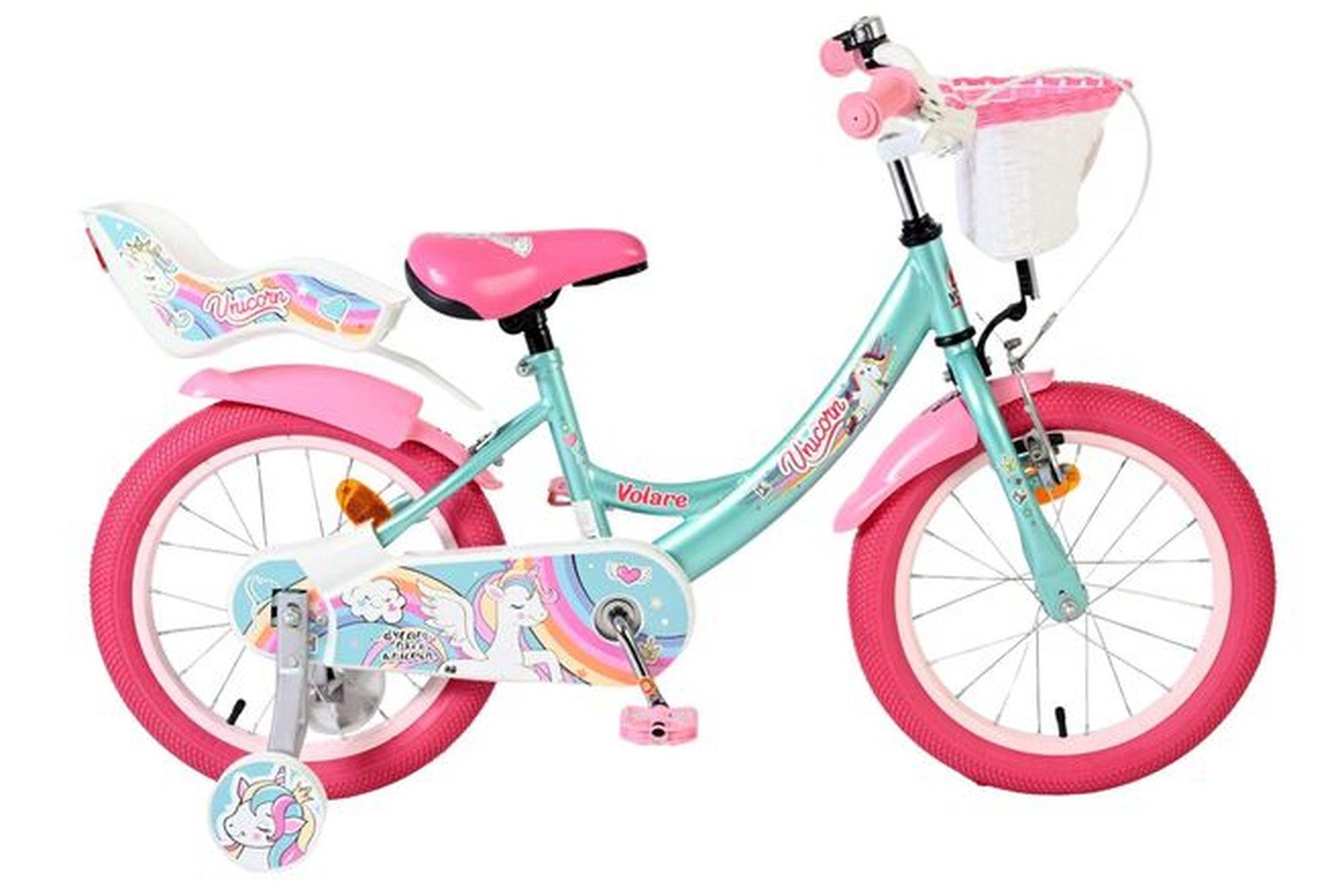 Volare Kinderfahrrad Unicorn Mädchen 16 Zoll – Grün – Korb und Puppensitz, Zwei Handbremsen, Geschlossener Kettenschutz zum Finger­schutz, Reflektoren vorne