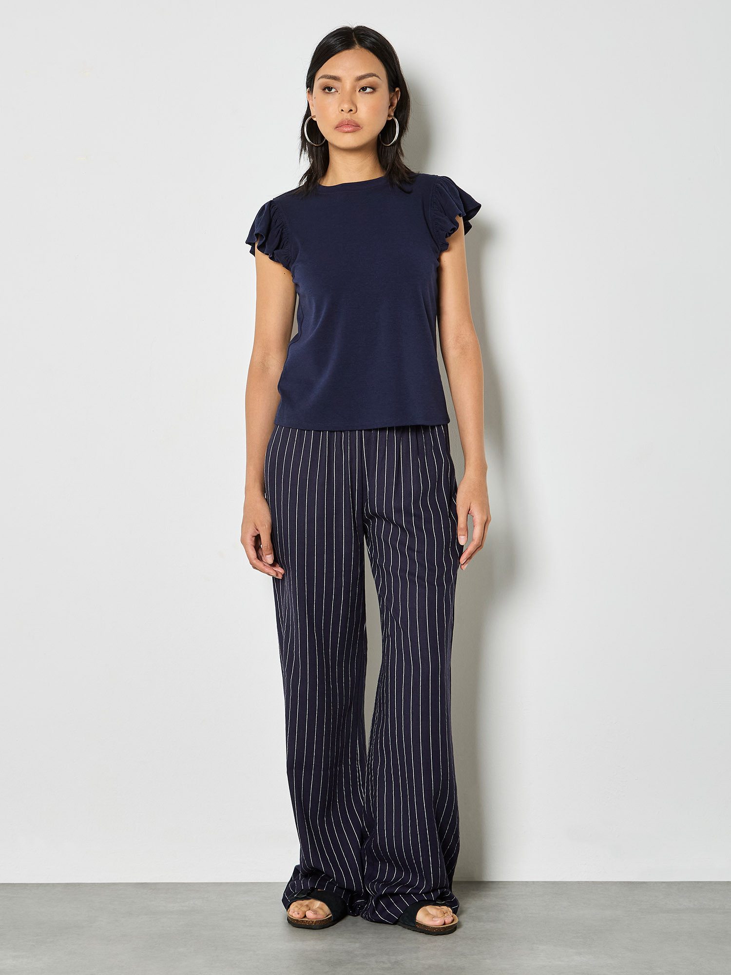 Apricot Leinenhose Breite Hose aus Leinenmischung mit Nadelstreifen