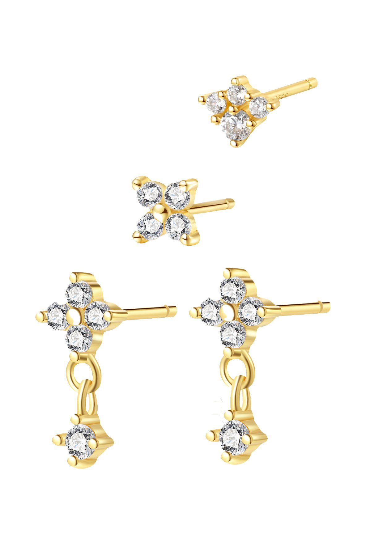 Hey Happiness Ohrstecker-Set Kristall Blumen, 925 Silber vergoldet, Hängende & kleine Ohrringe Damen mit Zirkonia, 4er Set