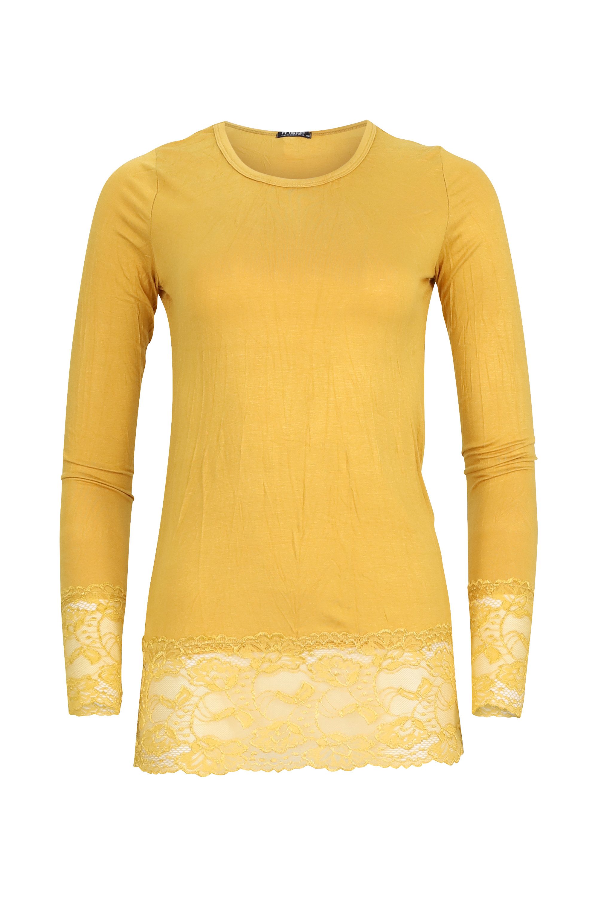 Muse Rundhalsshirt Langarm Longshirt mit Spitzensaum 0998