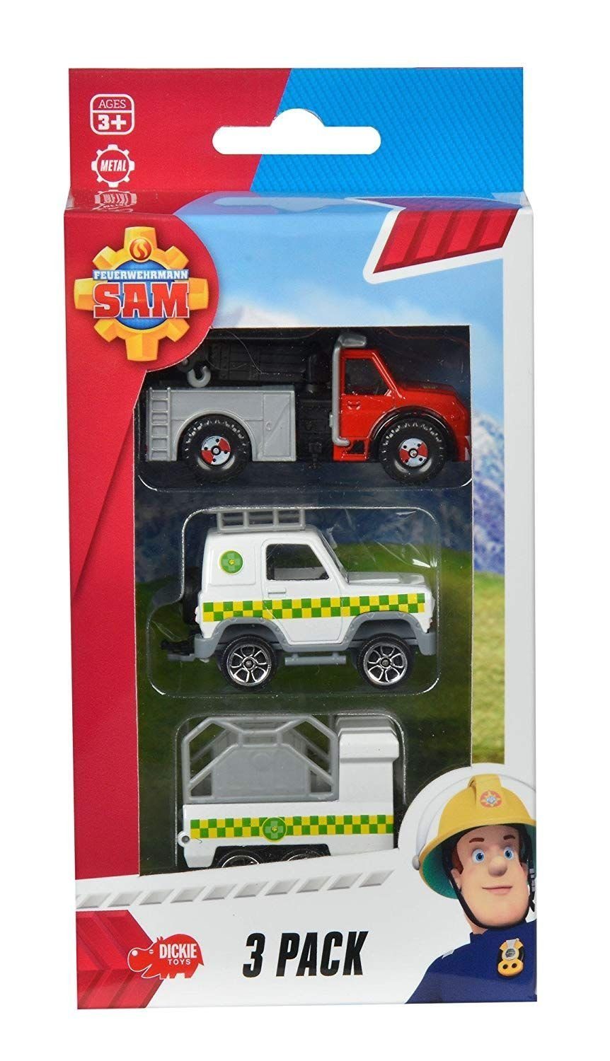 Dickie Die CAST Feuerwehrmann Sam 3 Autos mit 3 verschiedenen Metallfahrzeugen 