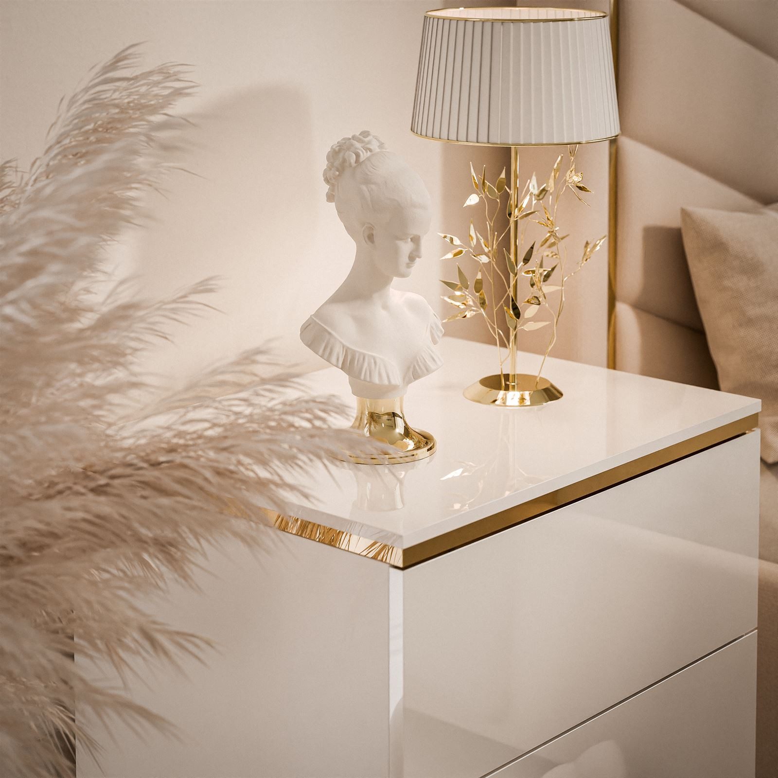 Lookway Nachttisch AURORA II im Weiß Hochglanz mit Beinen und LED-Beleuchtung (1x Nachttisch), Breite: 50 cm