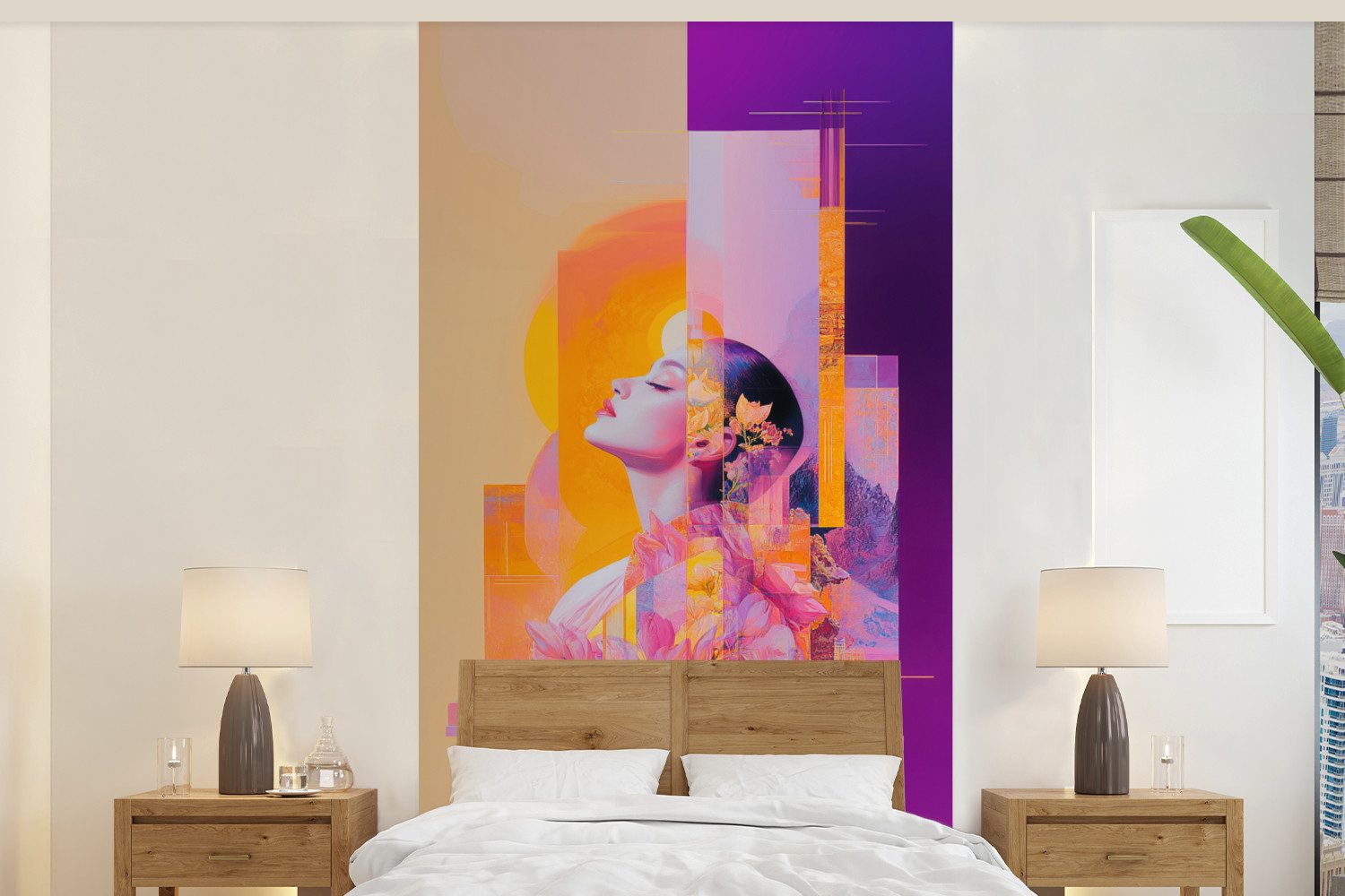 MuchoWow Fototapete Abstrakt - Porträt - Frau - Farbenfroh, Matt, bedruckt, Vliestapete für Wohnzimmer Schlafzimmer Küche, Fototapete, 120x240 cm