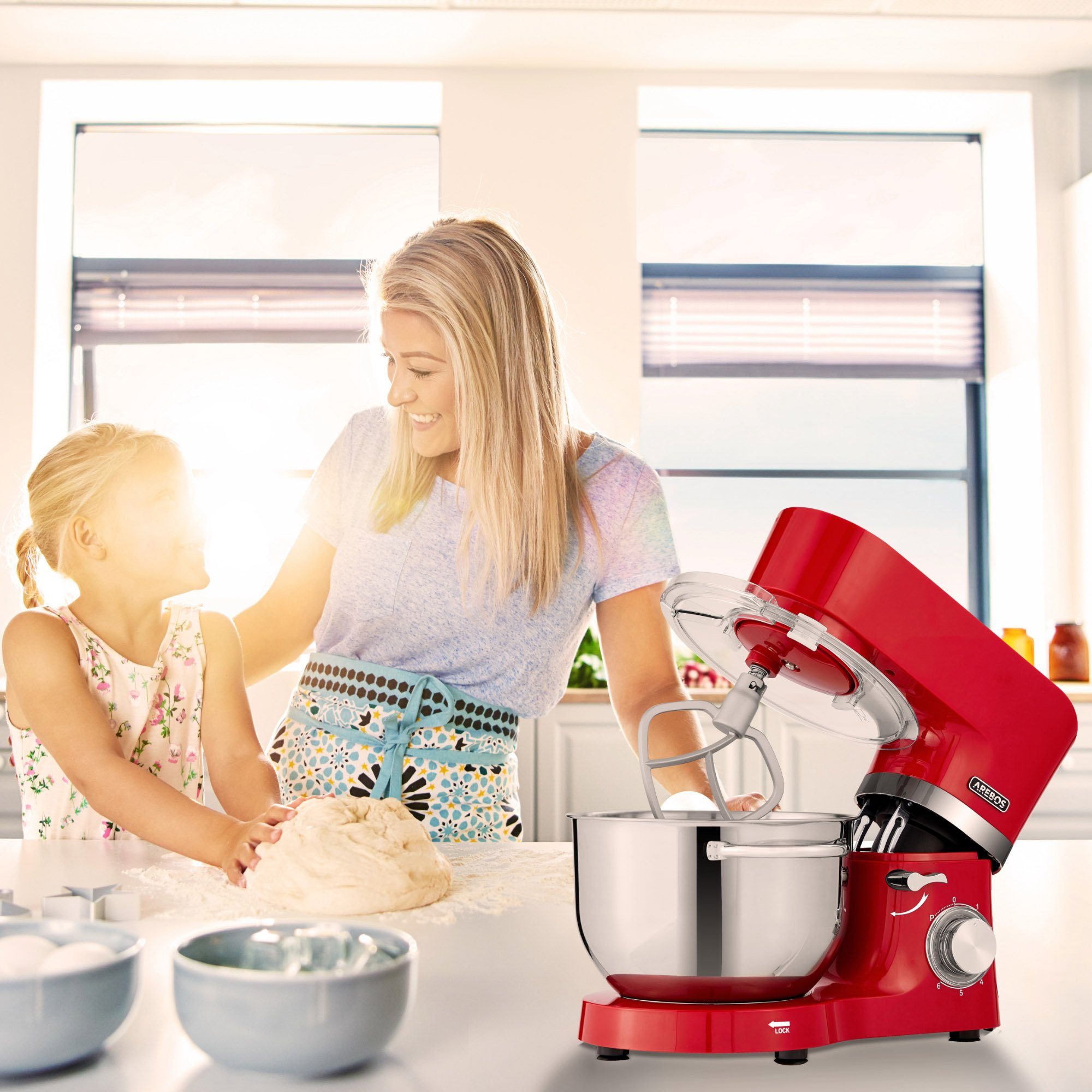Arebos Küchenmaschine mit 2x Edelstahl-Rührschüsseln 4,5 & 5,5L, 1500 W, 5,50 l Schüssel, Küchenmixer mit Rührhaken, Knethaken, Schlagbesen und Spritzschutz