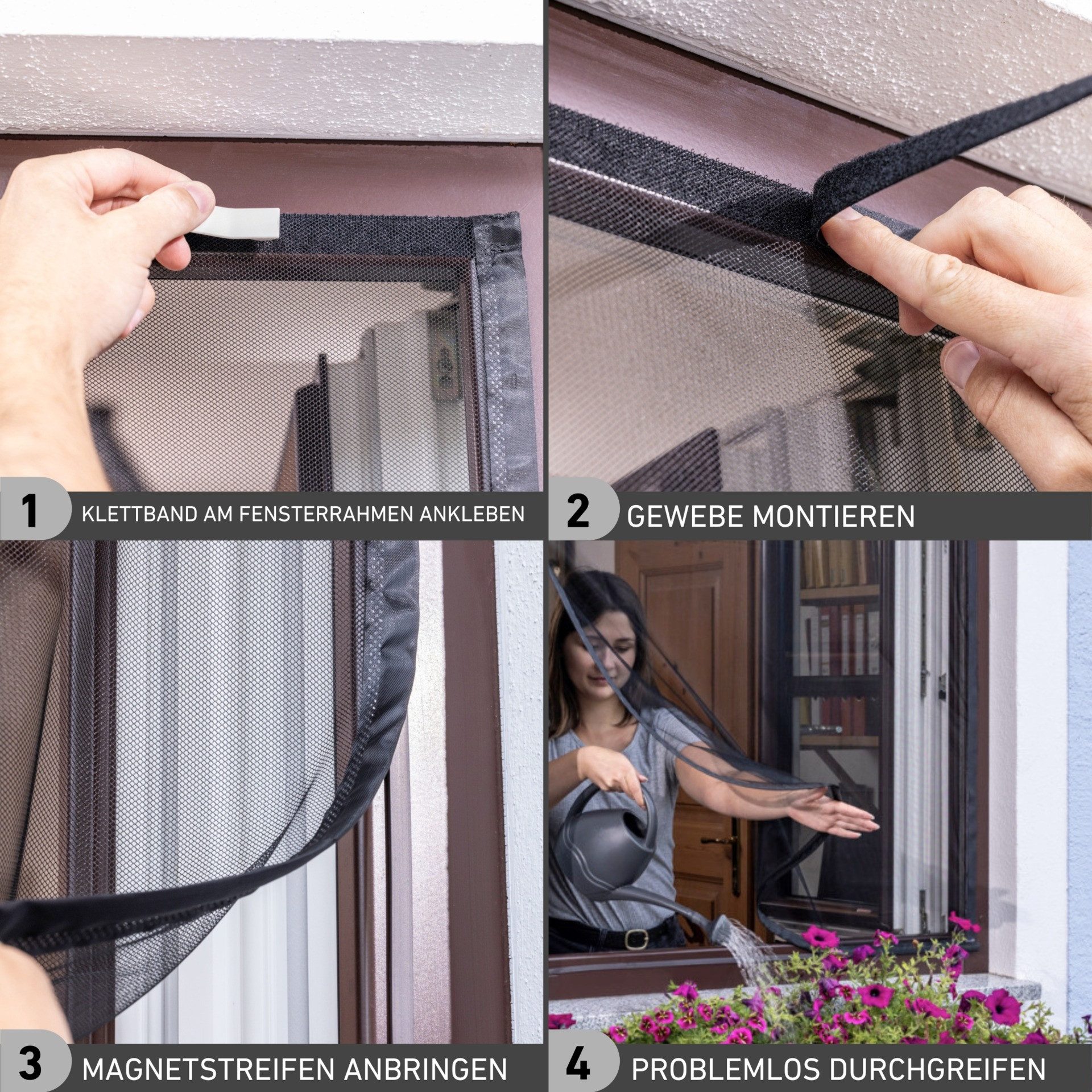 Windhager Insektenschutz-Vorhang mit Magnetstreifen für Fenster aus UV-beständigem Polyestergewebe, Fliegengitter, 130 x 150 cm, Mückenschutz in anthrazit, ohne bohren