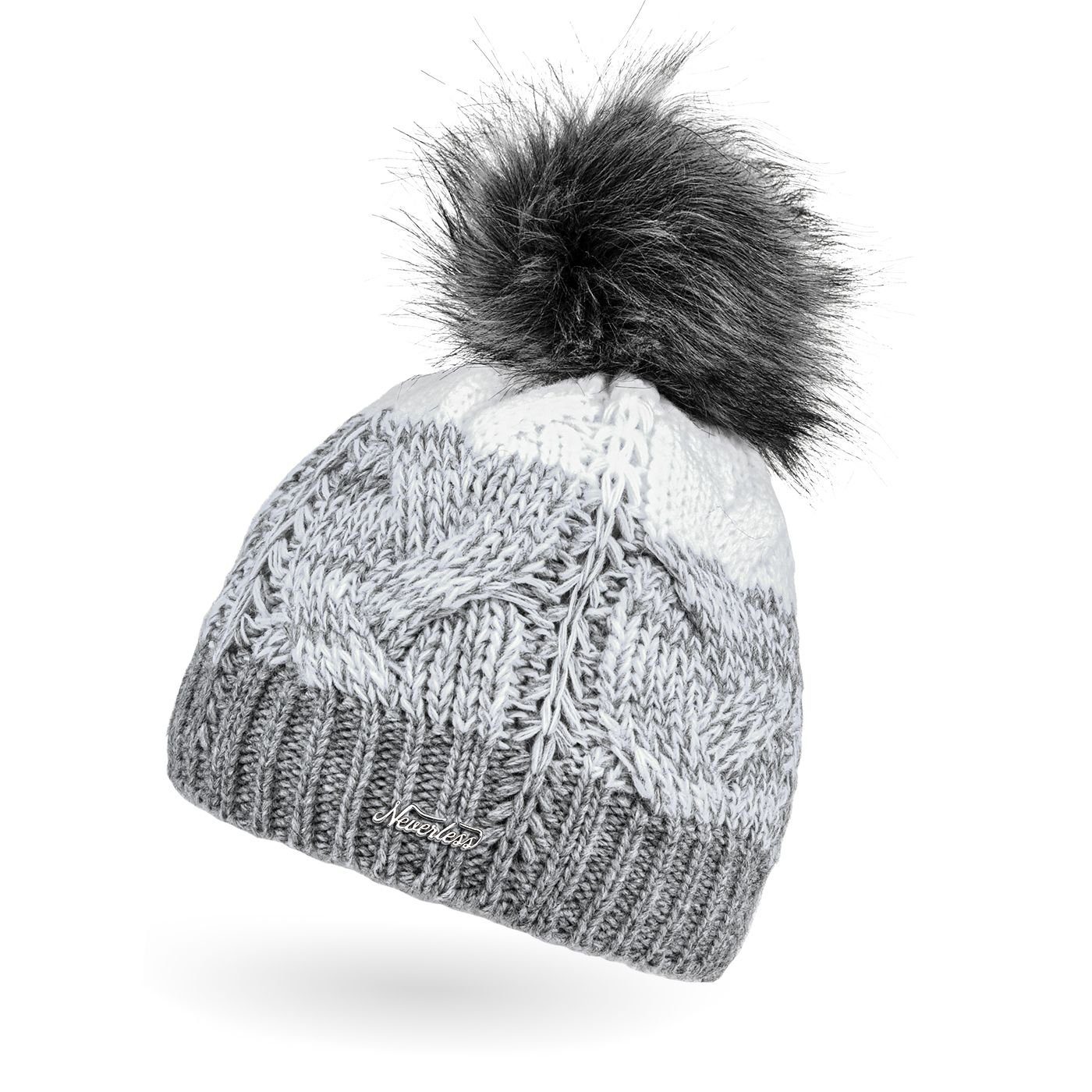 Bommelmütze Damen Strick-Mütze gefüttert Fleece-Innenfutter Fell-Bommel Kunstfell