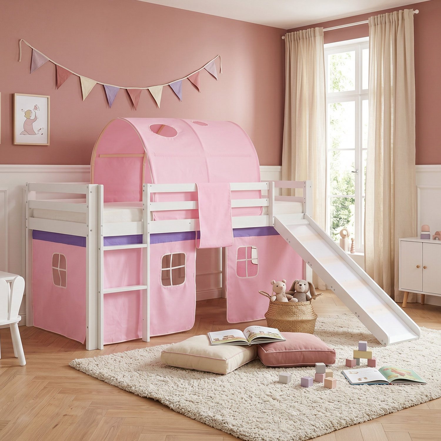 Homestyle4u Hochbett 90x200 Kinderbett mit Leiter und Vorhang Weiß Rosa Holz Treppe Kinder (Komplett-Set mit Lattenrost, mit Rutsche, mit Tunnel, Matratze mit OEKO-TEX® Standard 100) Kiefer, Jungen Mädchen, Spielbett