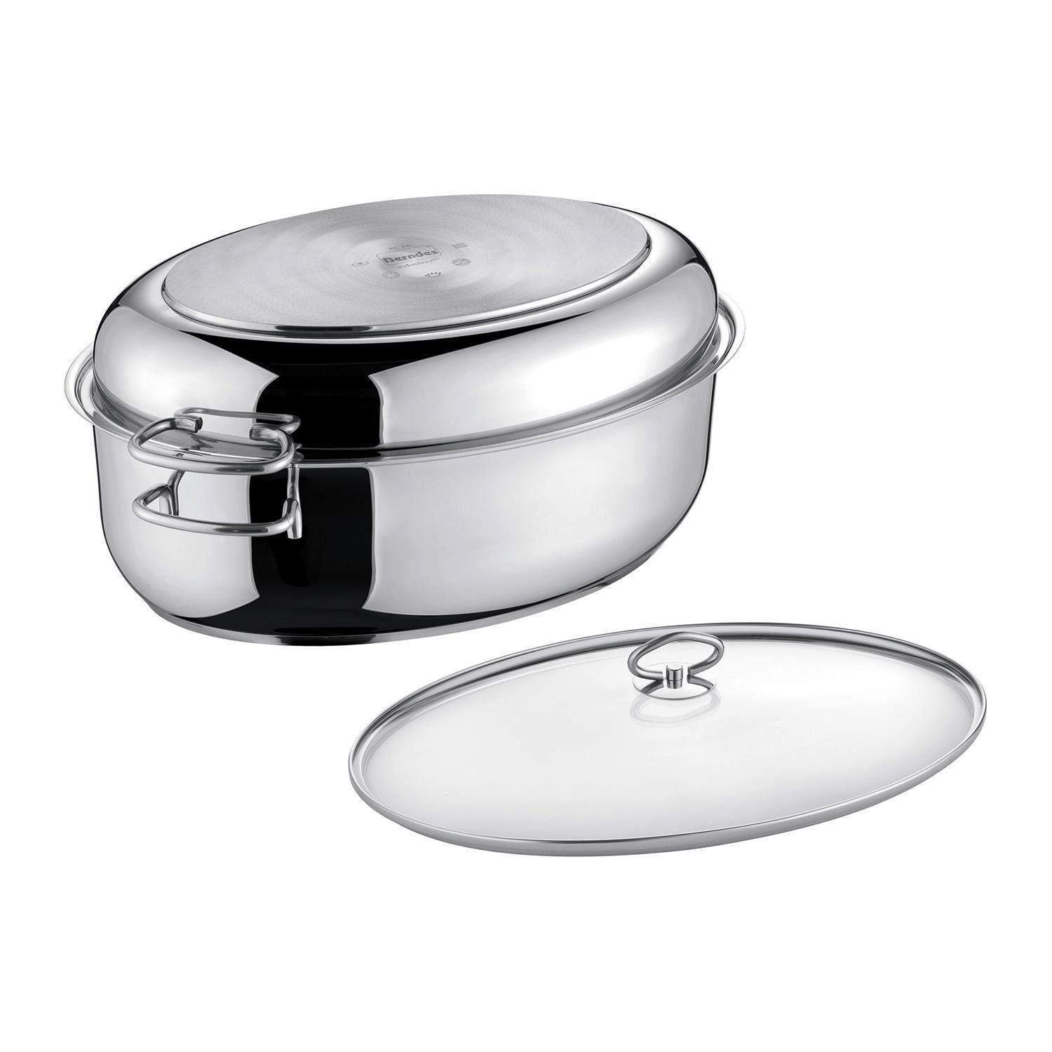Berndes Bräter MARANO, 38 x 25,5 cm, mit Glasdeckel, 8,5 Liter, Edelstahl, mit Gittereinsatz, Extradeckel aus Edelstahl, Antihaftversiegelung