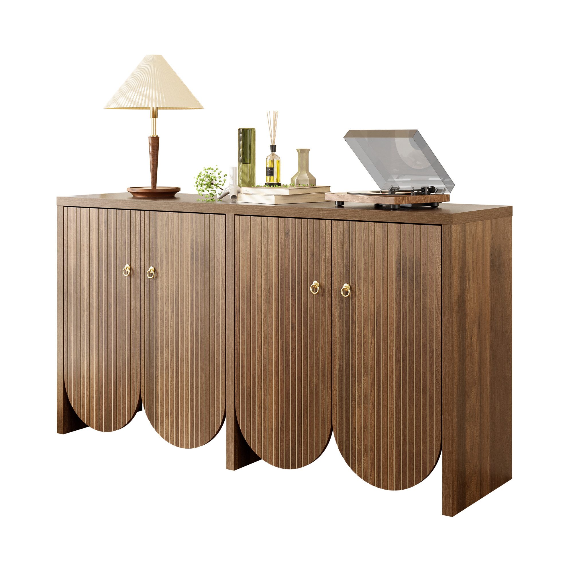 OKWISH Sideboard in Walnussoptik (Wohnzimmerschrank, Kommode, 1 St., 4 Türen), mit verstellbaren Einlegeböden & Alugriffen