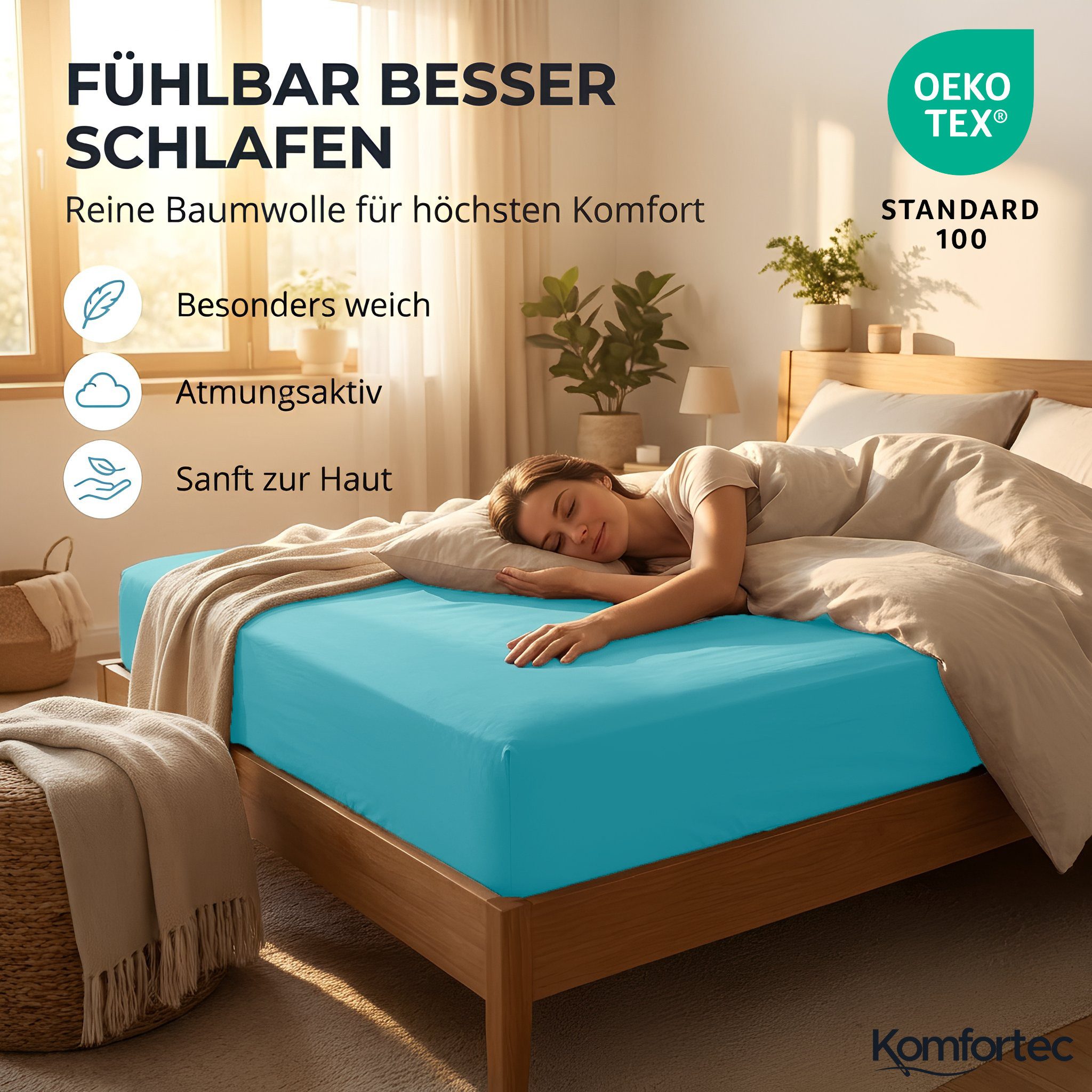 Komfortec Spannbettlaken Jersey Spannbettuch, 90x200, 140x200, 160x200, 180x200 oder 200x200 cm, 100% Baumwolle (135 g/m), Gummizug: Rundum, (1 Stück), OEKO-TEX – Bild 4 von 5