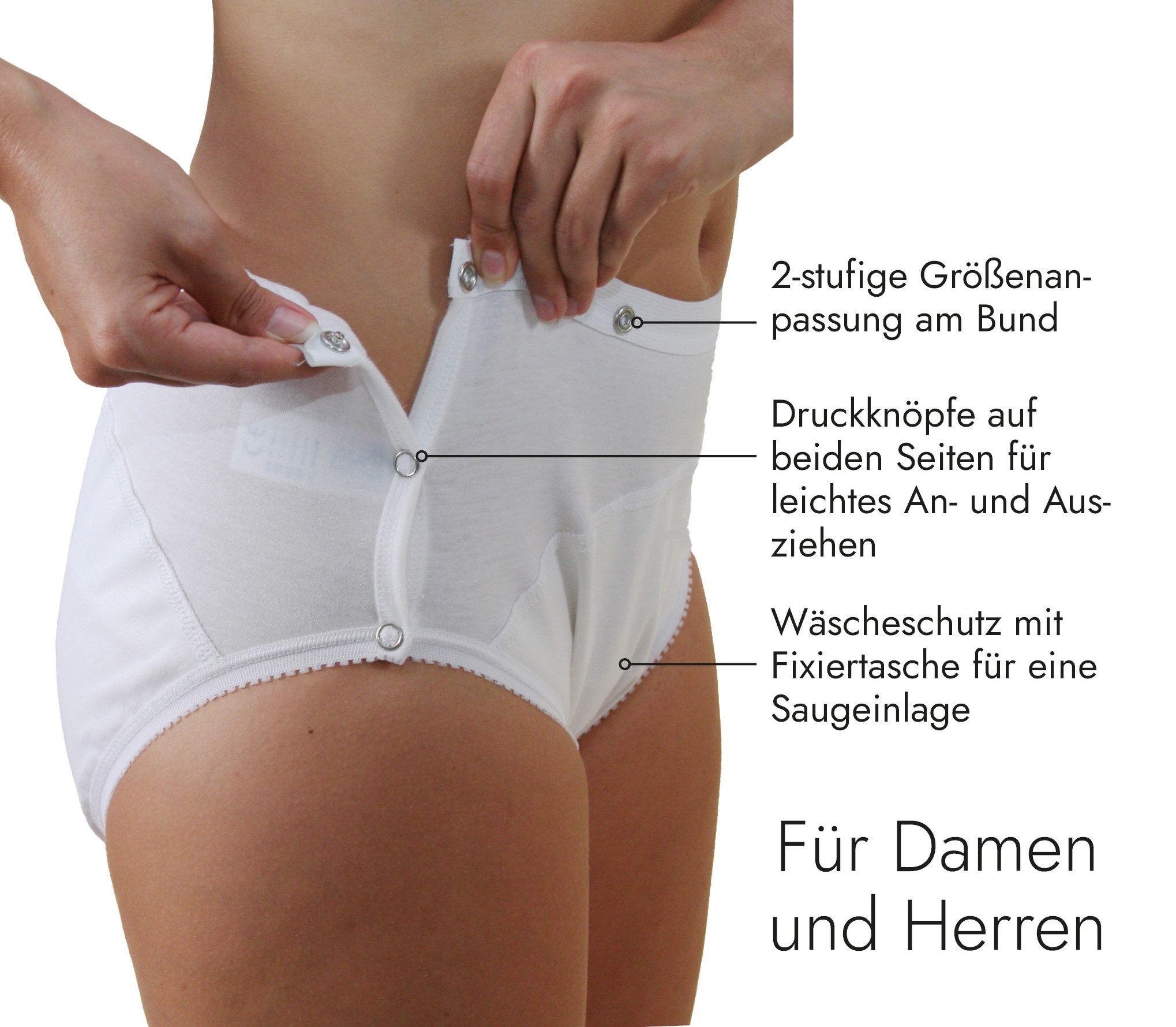 Hydas Inkontinenzslip für Damen & Herren, knöpfbar für einfaches An- & Ausziehen, Baumwolle Mit PO-Nässeschutz, extralangem Zwickel und Fixiertasche für Einlagen
