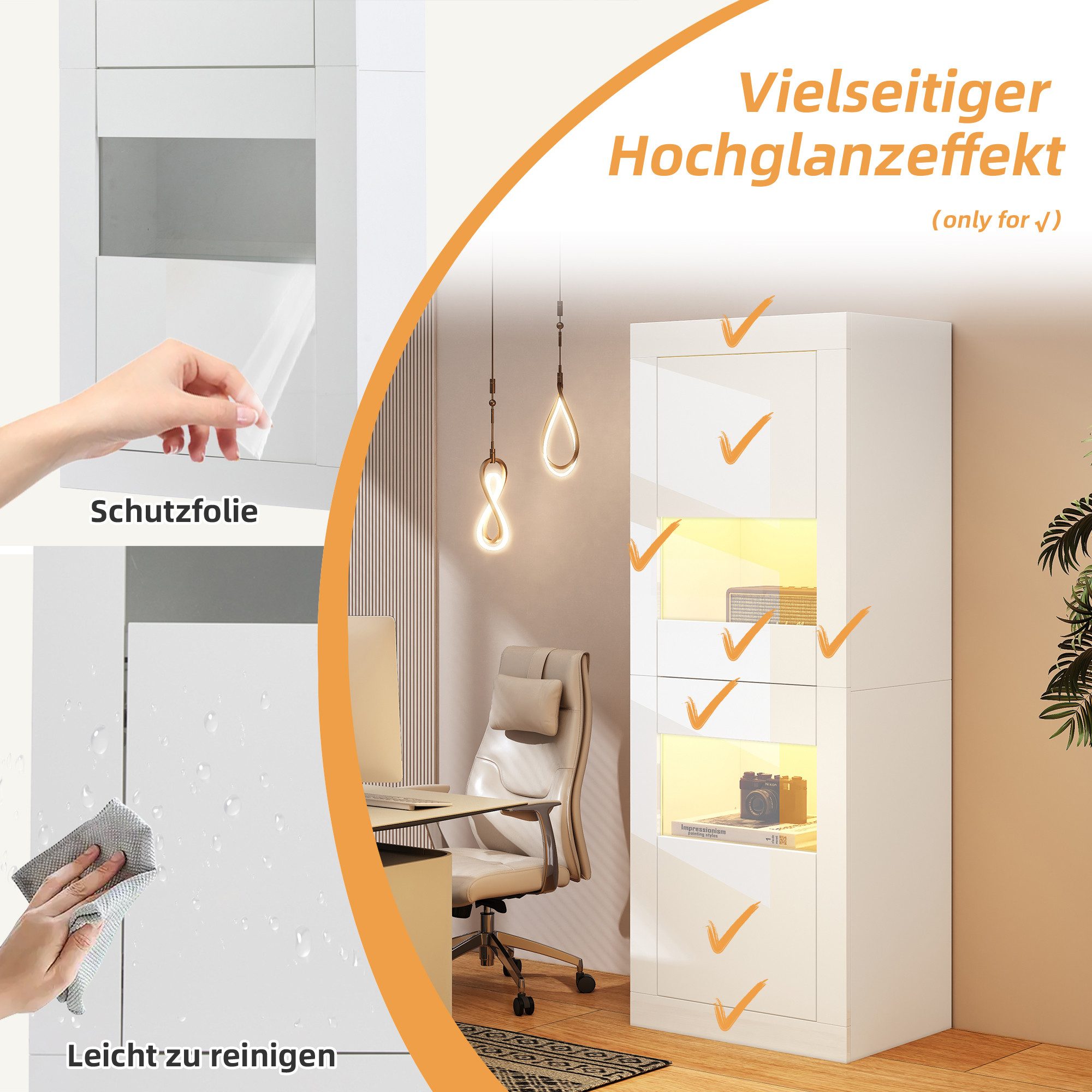 Merax Standvitrine hochglanz Vitrine mit LED-Beleuchtung inkl.Fernbedienung (1-St) Hochschrank mit erstellbaren Glasböden & Kippsicherung, 61x42x162 cm