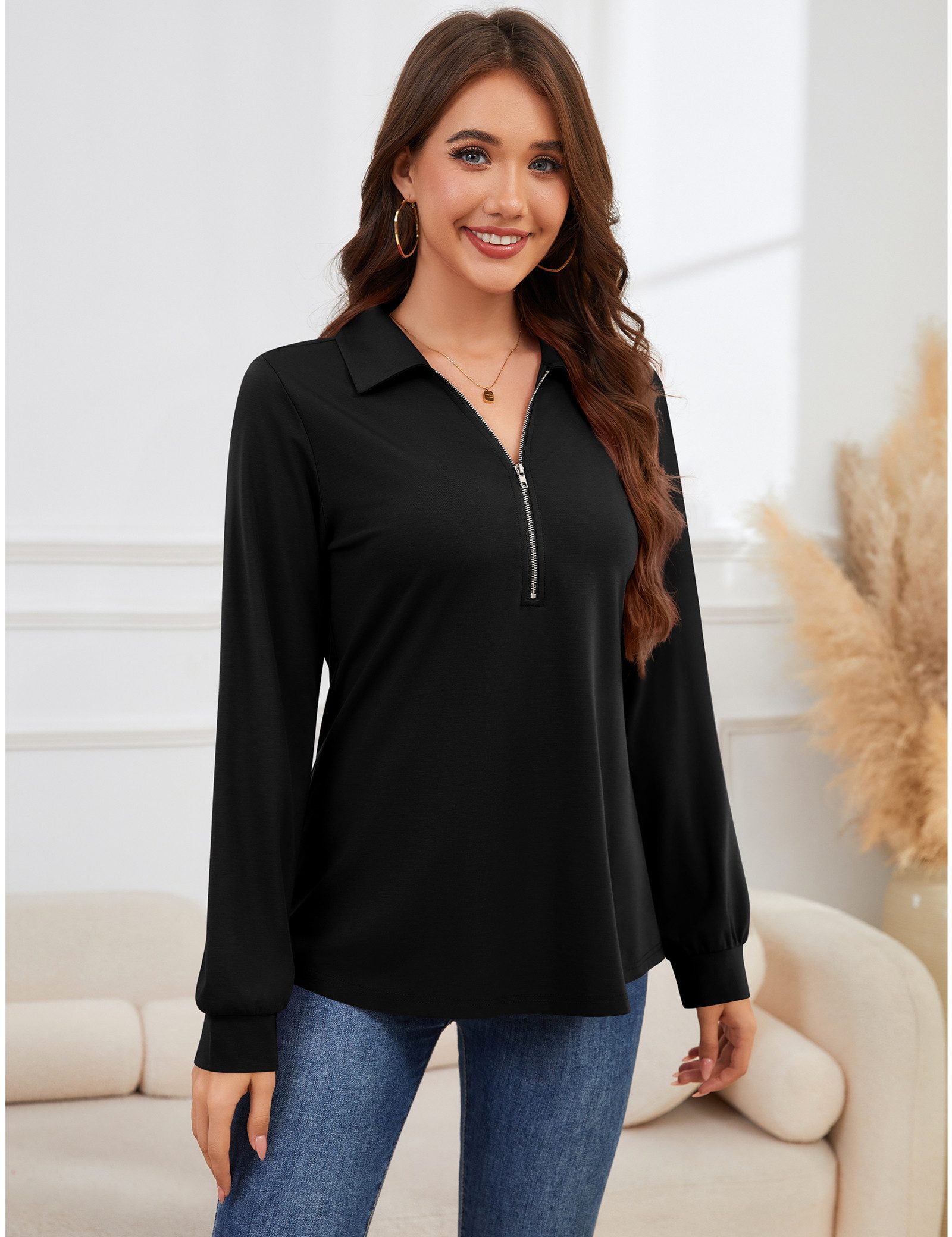 Beluring Langarmshirt Damen Langarmshirt mit V-Ausschnitt & Reißverschluss, günstig online kaufen